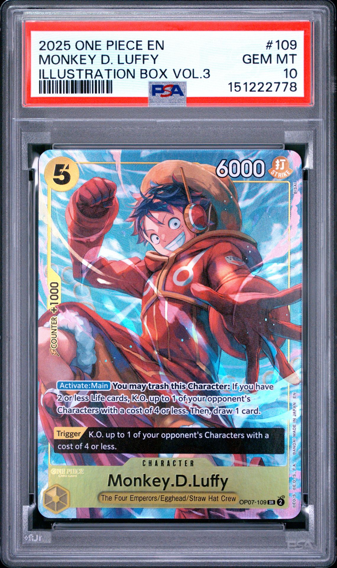 2025 One Piece Promos Monkey D. Luffy #109 (Illustration Box Vol.3) Gem Mt 10 front view - PSA graded GEM MT 10