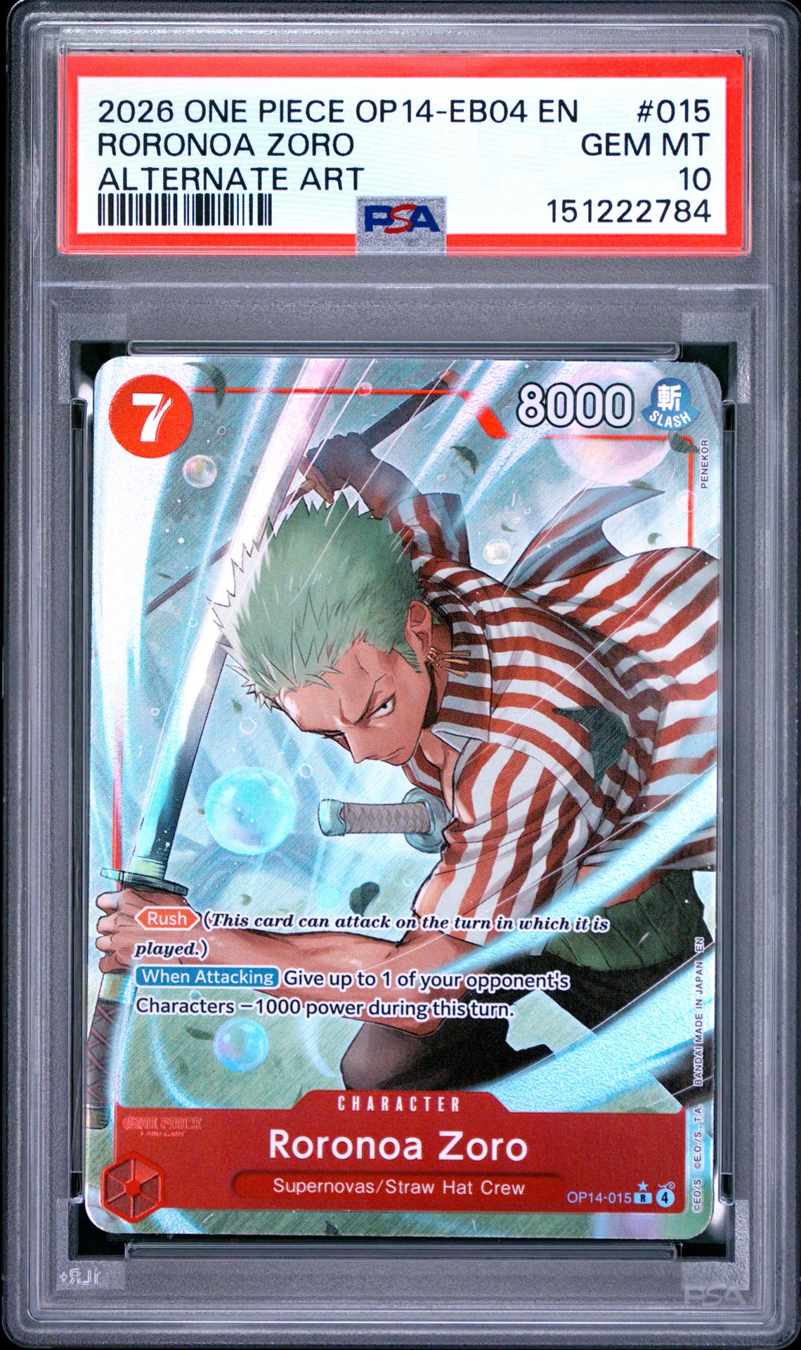 2026 One Piece Op14-Eb04-The Azure Sea's Seven Roronoa Zoro #015 (Alternate Art) Gem Mt 10 front view - PSA graded GEM MT 10