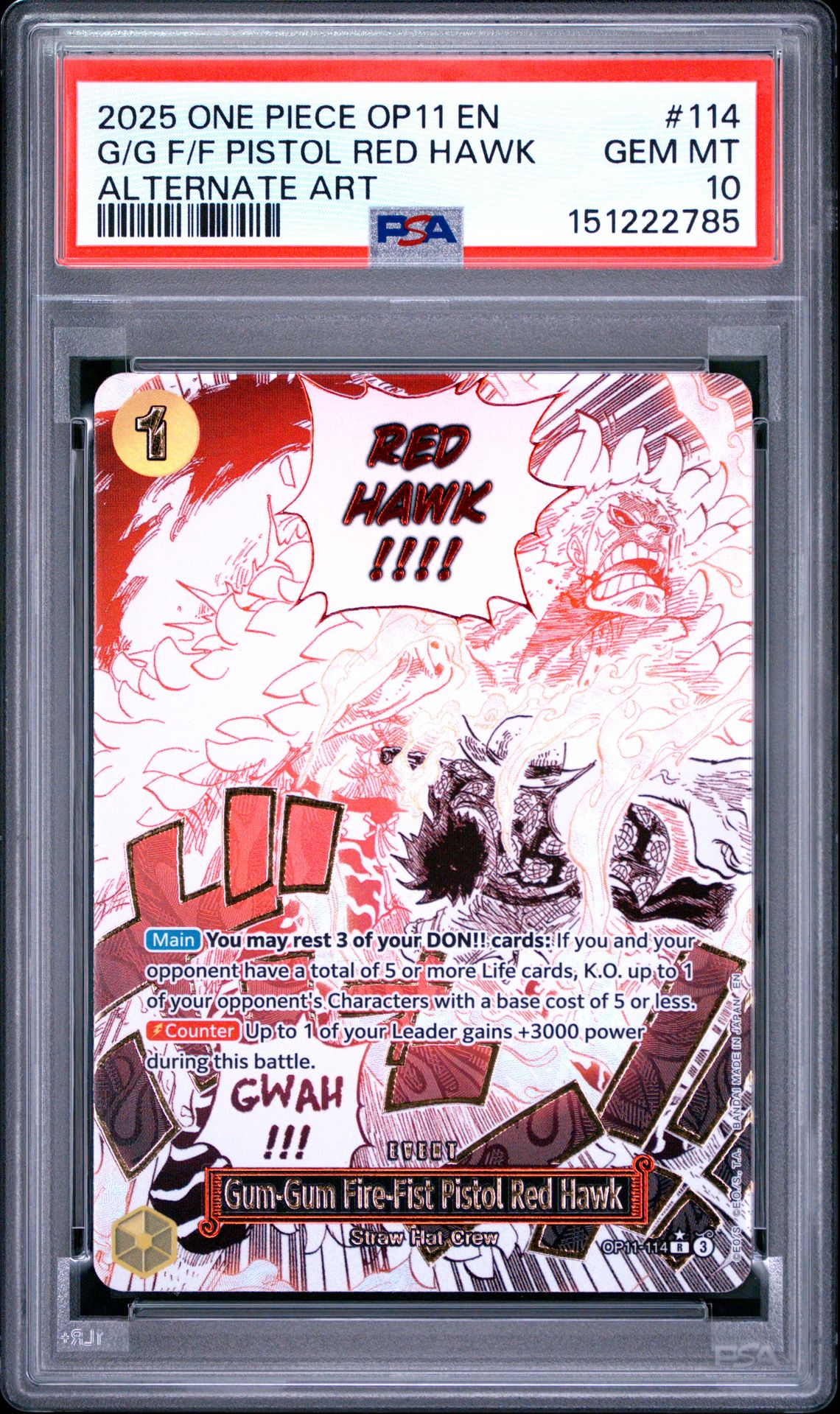 2025 One Piece Op11-A Fist Of Divine Speed G/G F/F Pistol Red Hawk #114 (Alternate Art) Gem Mt 10 front