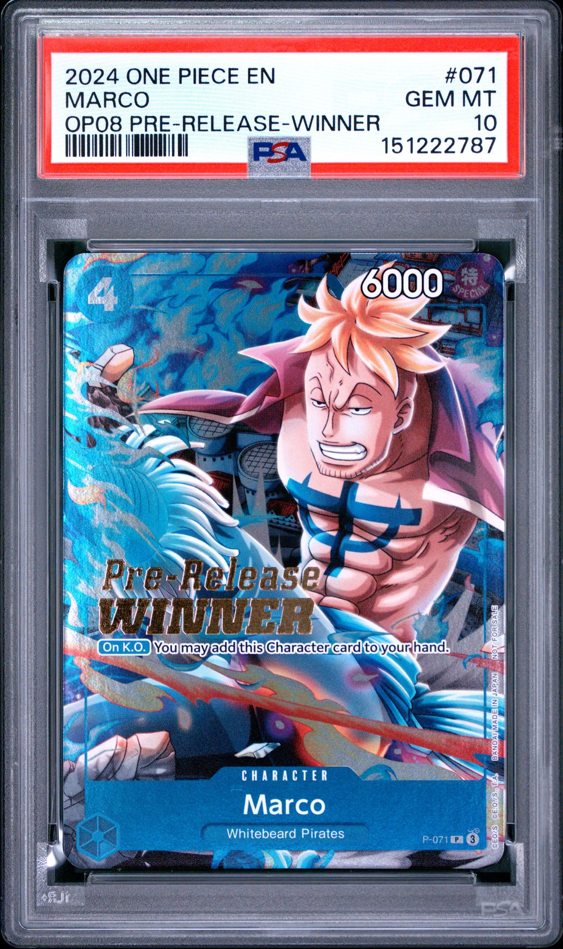 2024 One Piece Promos Marco #071 (Op08 Pre-Release-Winner) Gem Mt 10 front view - PSA graded GEM MT 10