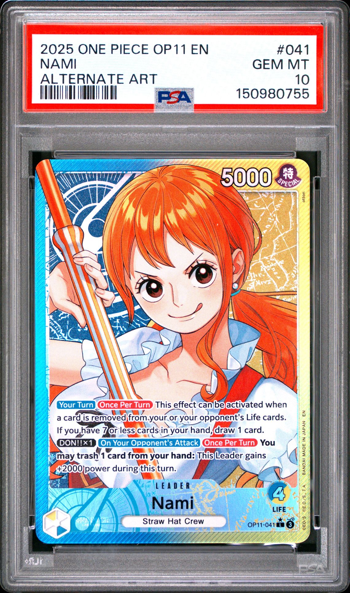 2025 One Piece Op11-A Fist Of Divine Speed Nami #041 (Alternate Art) Gem Mt 10 front