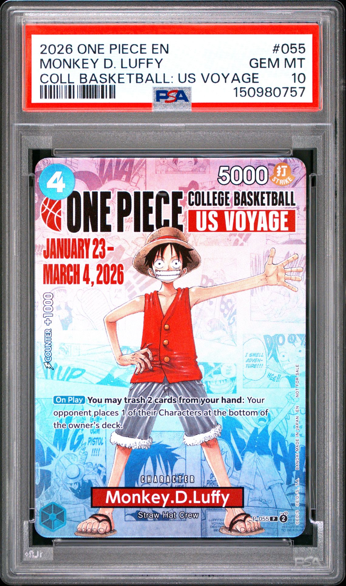 2026 One Piece Promos Monkey D. Luffy #055 (Coll Basketball: Us Voyage) Gem Mt 10 front