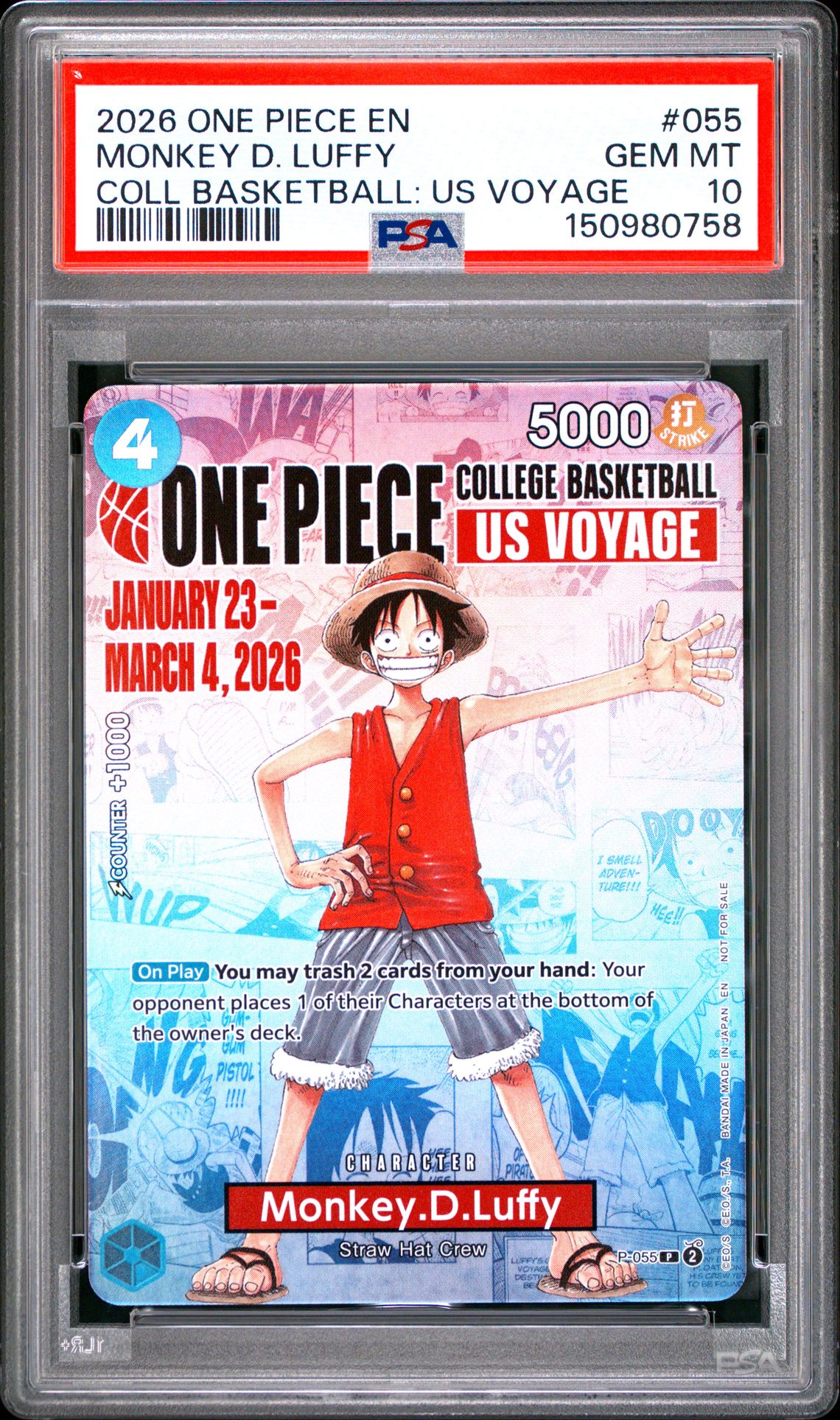 2026 One Piece Promos Monkey D. Luffy #055 (Coll Basketball: Us Voyage) Gem Mt 10 front