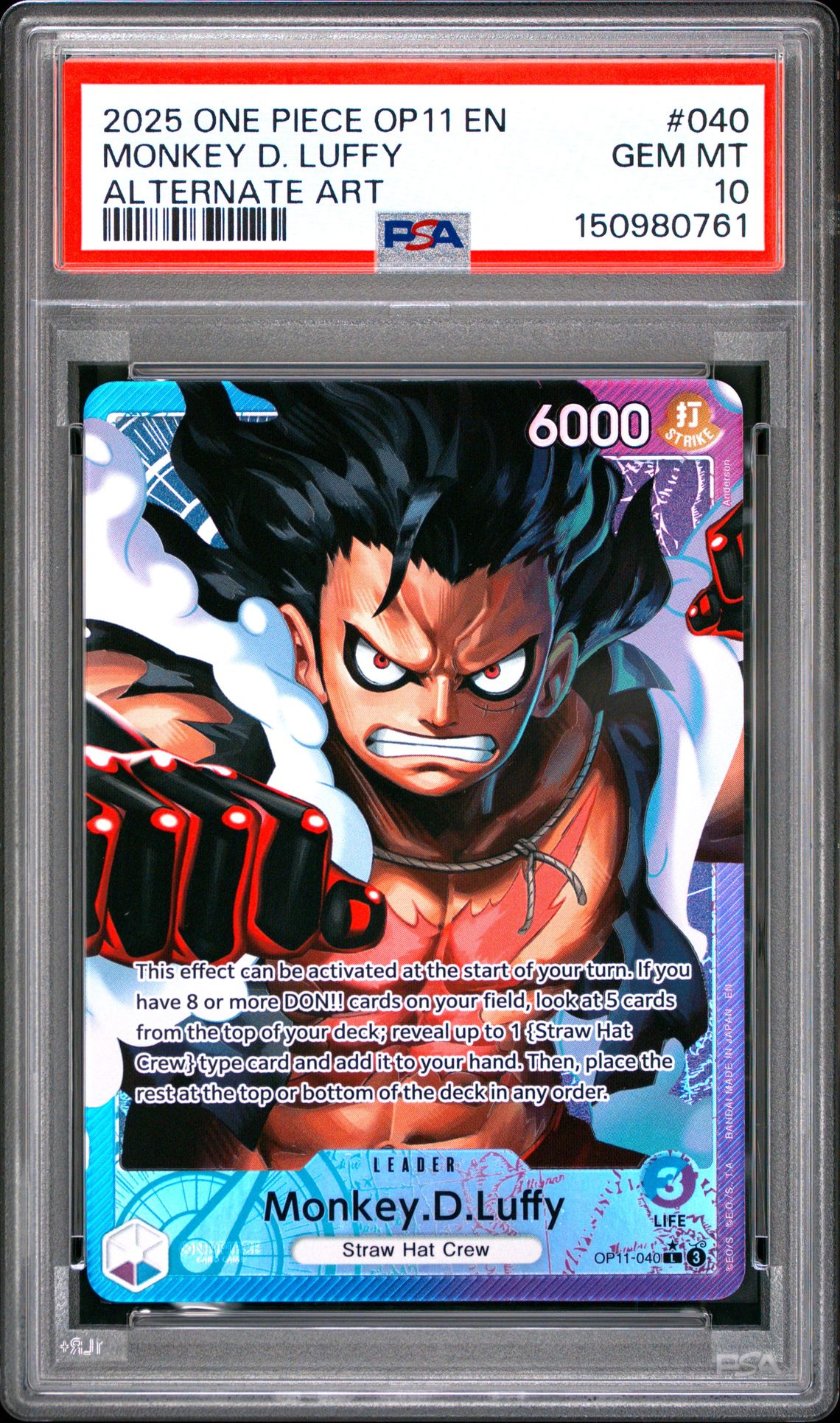 2025 One Piece Op11-A Fist Of Divine Speed Monkey D. Luffy #040 (Alternate Art) Gem Mt 10 front