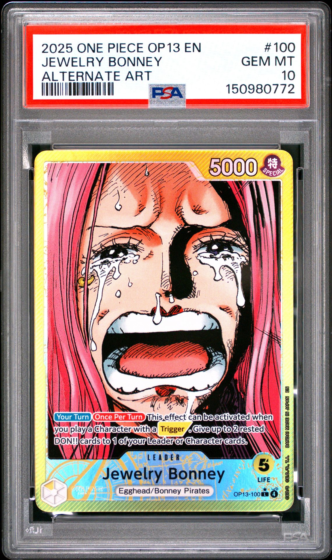 2025 One Piece Op13-Carrying On His Will Jewelry Bonney #100 (Alternate Art) Gem Mt 10 front view - PSA graded GEM MT 10