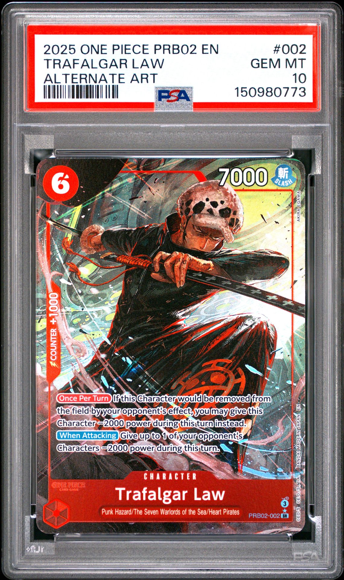 2025 One Piece Prb02-Premium Booster -One Piece Card The Best- Vol.2 Trafalgar Law #002 (Alternate Art) Gem Mt 10 front view - PSA graded GEM MT 10