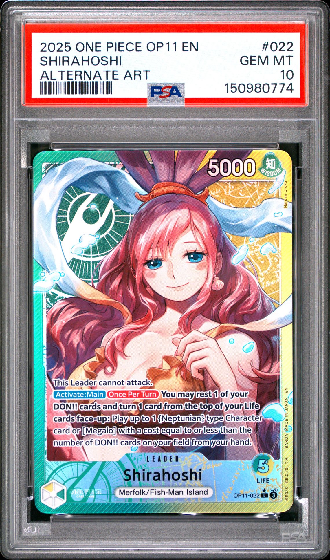 2025 One Piece Op11-A Fist Of Divine Speed Shirahoshi #022 (Alternate Art) Gem Mt 10 front view - PSA graded GEM MT 10