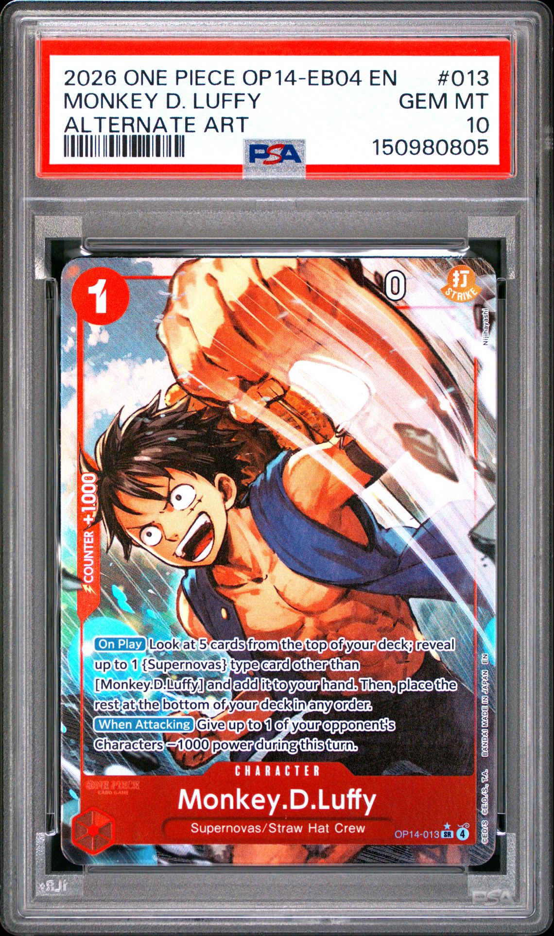 2026 One Piece Op14-Eb04-The Azure Sea's Seven Monkey D. Luffy #013 (Alternate Art) Gem Mt 10 front