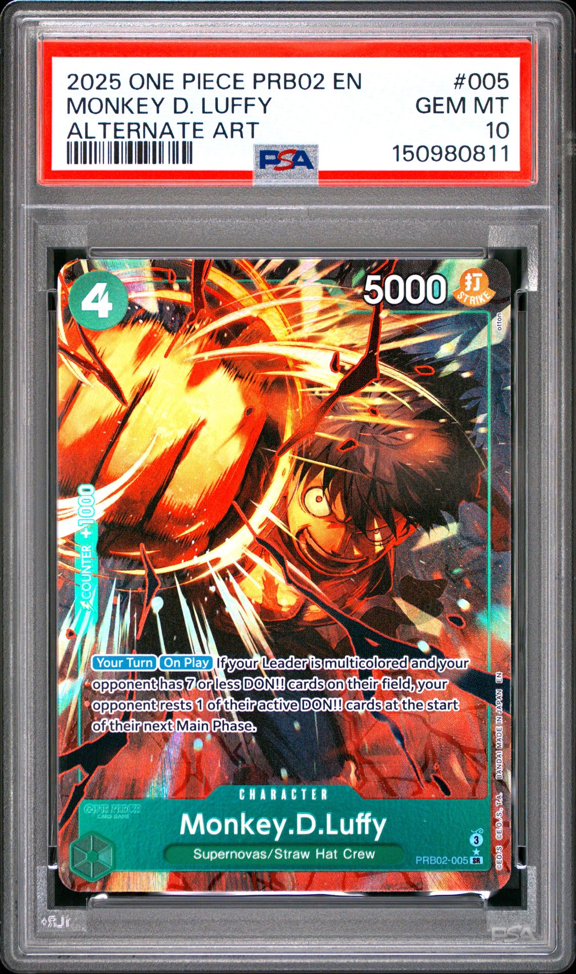 2025 One Piece Prb02-Premium Booster -One Piece Card The Best- Vol.2 Monkey D. Luffy #005 (Alternate Art) Gem Mt 10 front