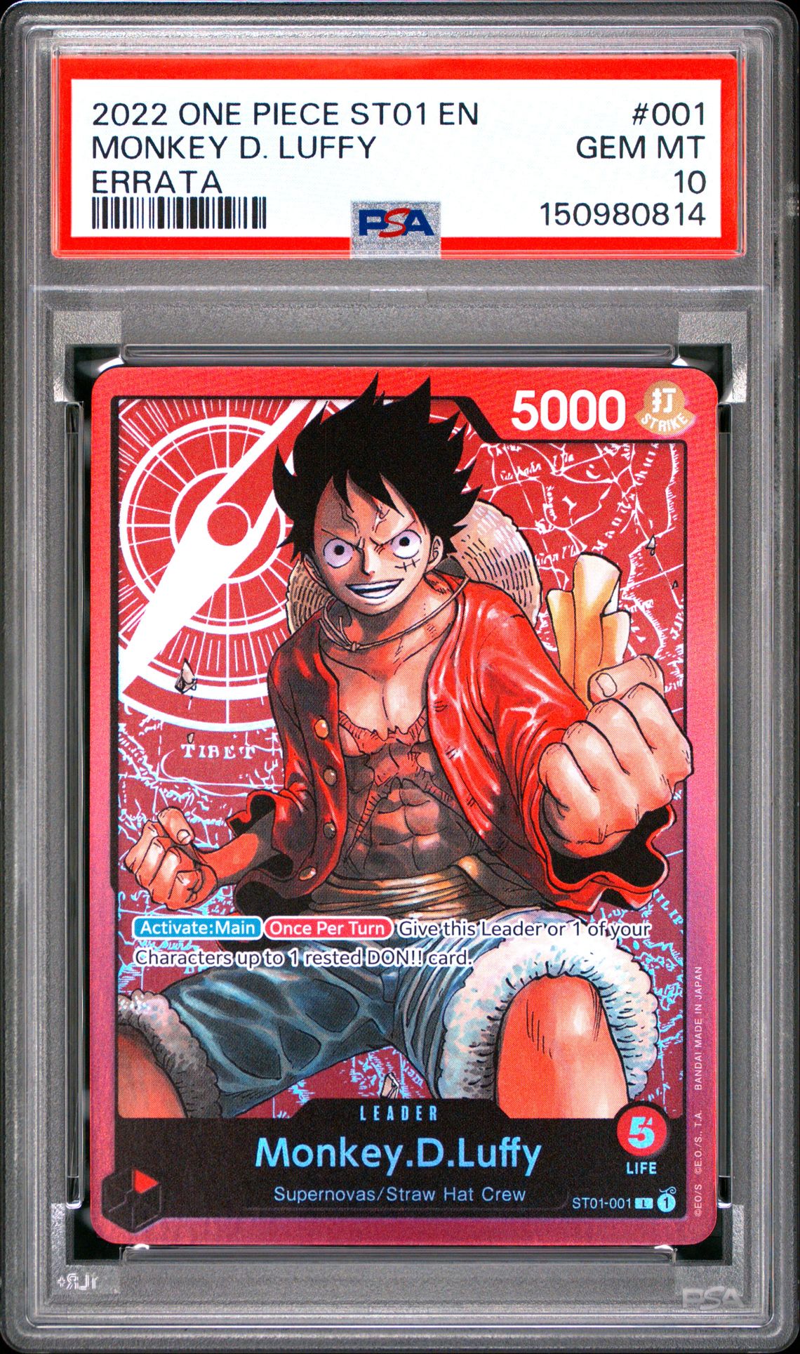 2022 One Piece Starter Deck St01-Straw Hat Crew Monkey D. Luffy #001 (Errata) Gem Mt 10 front view - PSA graded GEM MT 10
