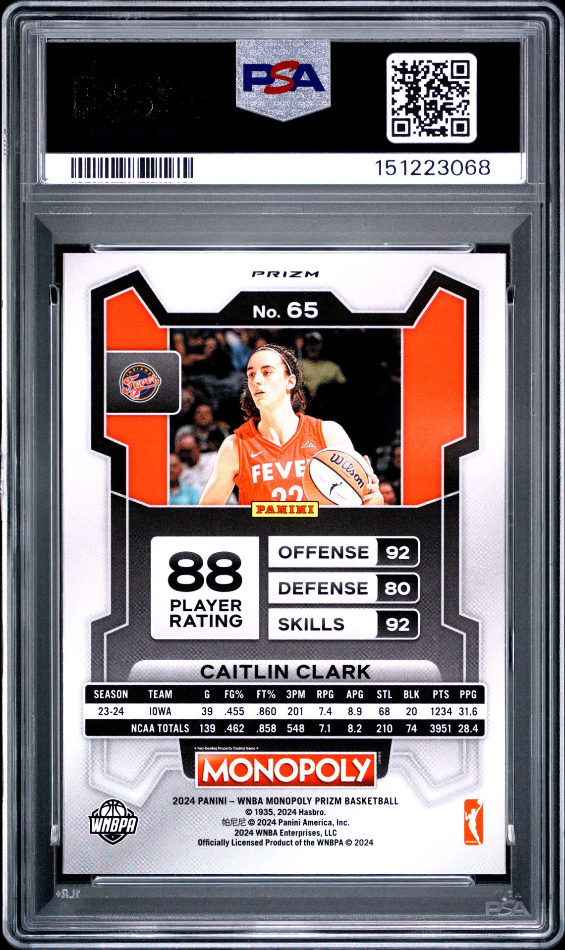 2024 Panini Prizm Monopoly Wnba Caitlin Clark #65 (Silver Prizm) Gem Mt 10 back