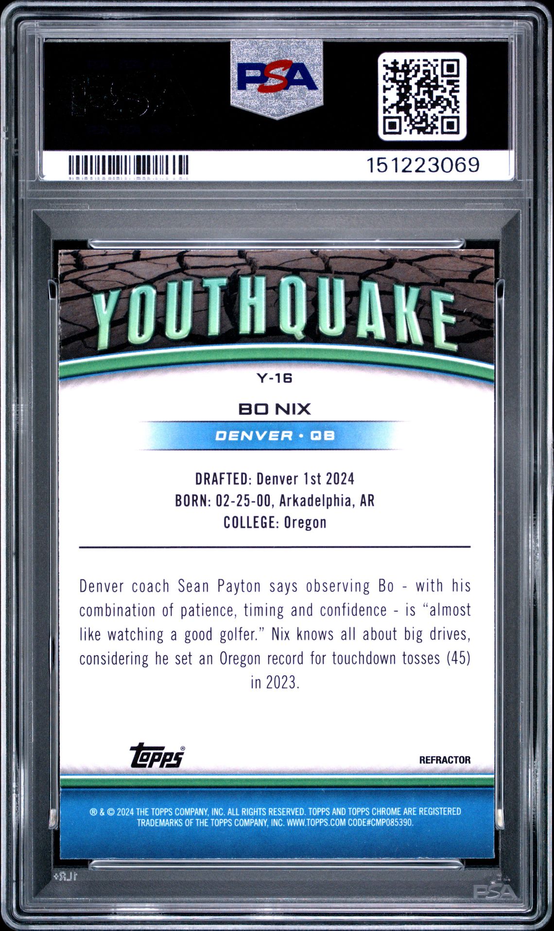 2024 Topps Chrome Youthquake Bo Nix #Y16 (Youthquake-Refractor) Gem Mt 10 back