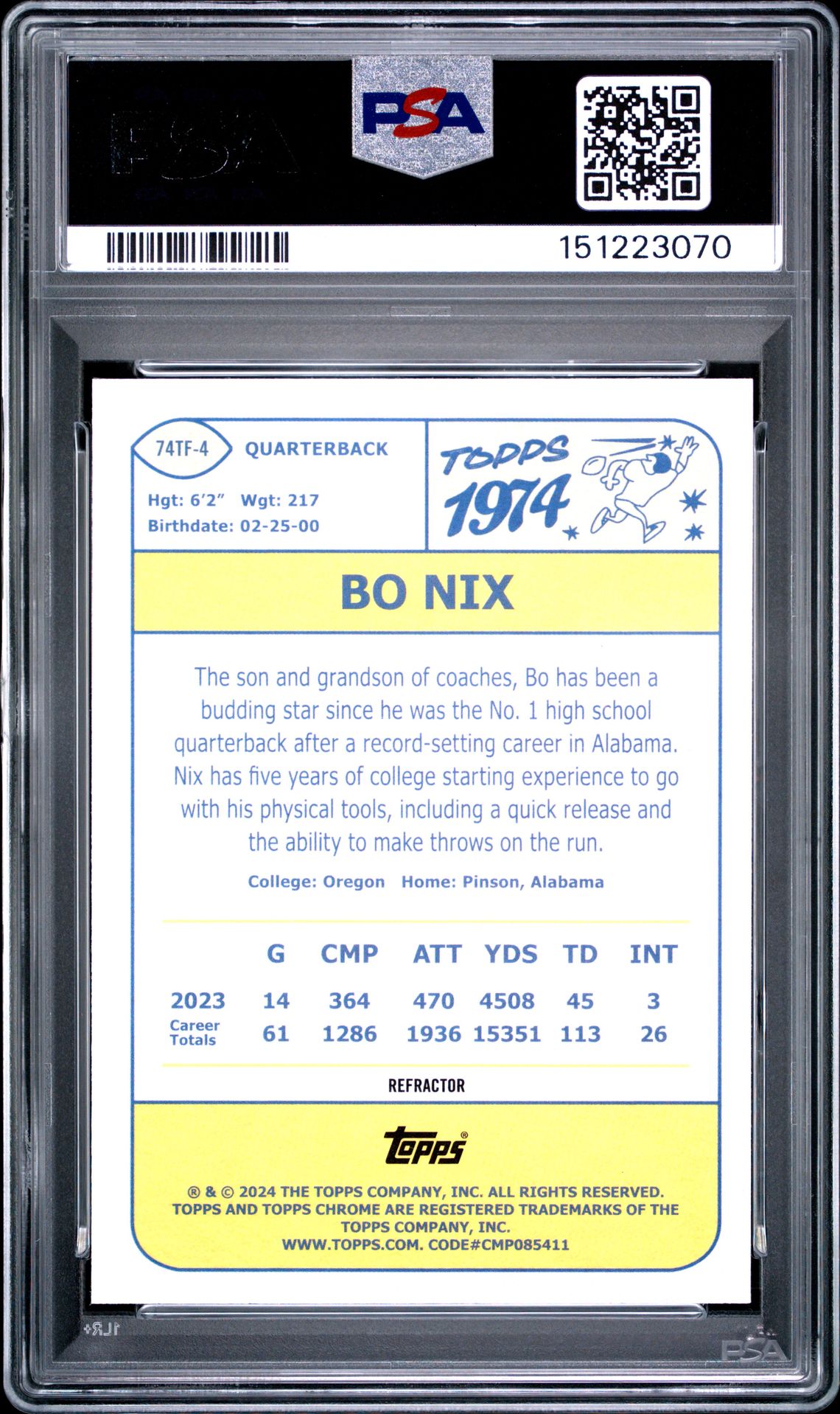 2024 Topps Chrome 1974 Topps Football Bo Nix #74Tf4 (1974 Topps Football-Ref) Mint 9 back