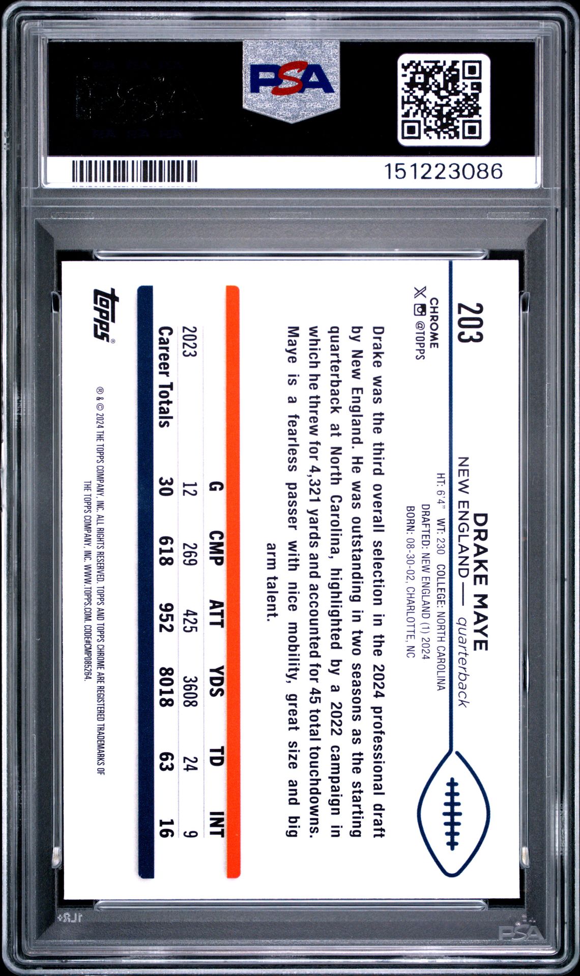 2024 Topps Chrome Drake Maye #203 Gem Mt 10 back view - PSA certificate #151223086