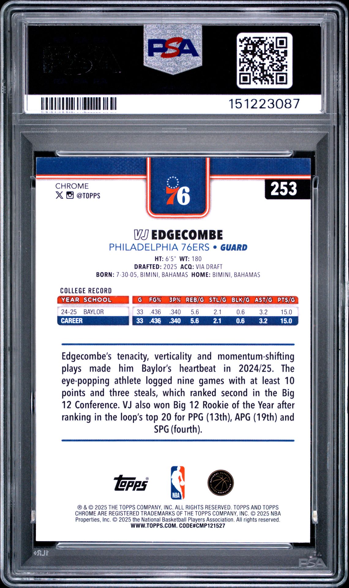 2025 Topps Chrome Vj Edgecombe #253 Mint 9 back