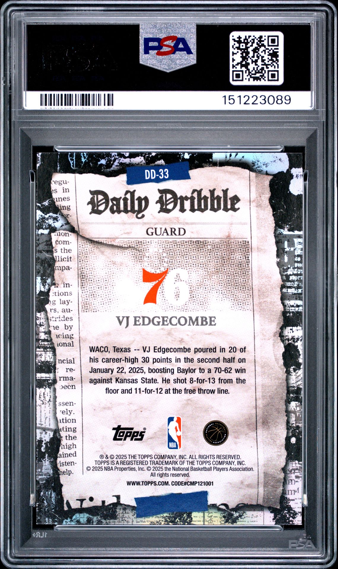 2025 Topps The Daily Dribble Vj Edgecombe #Dd-33 Mint 9 back