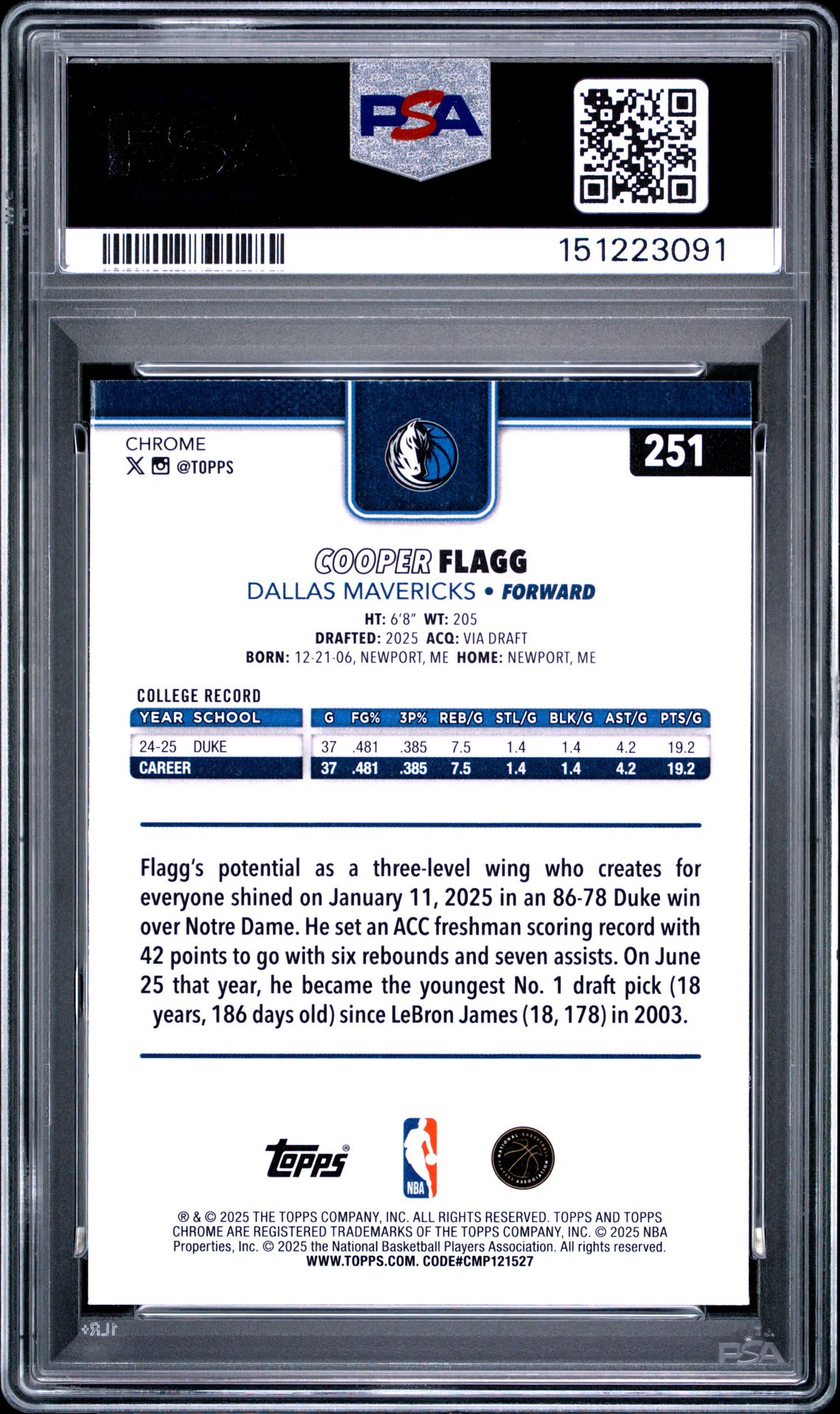 2025 Topps Chrome Cooper Flagg #251 Mint 9 back