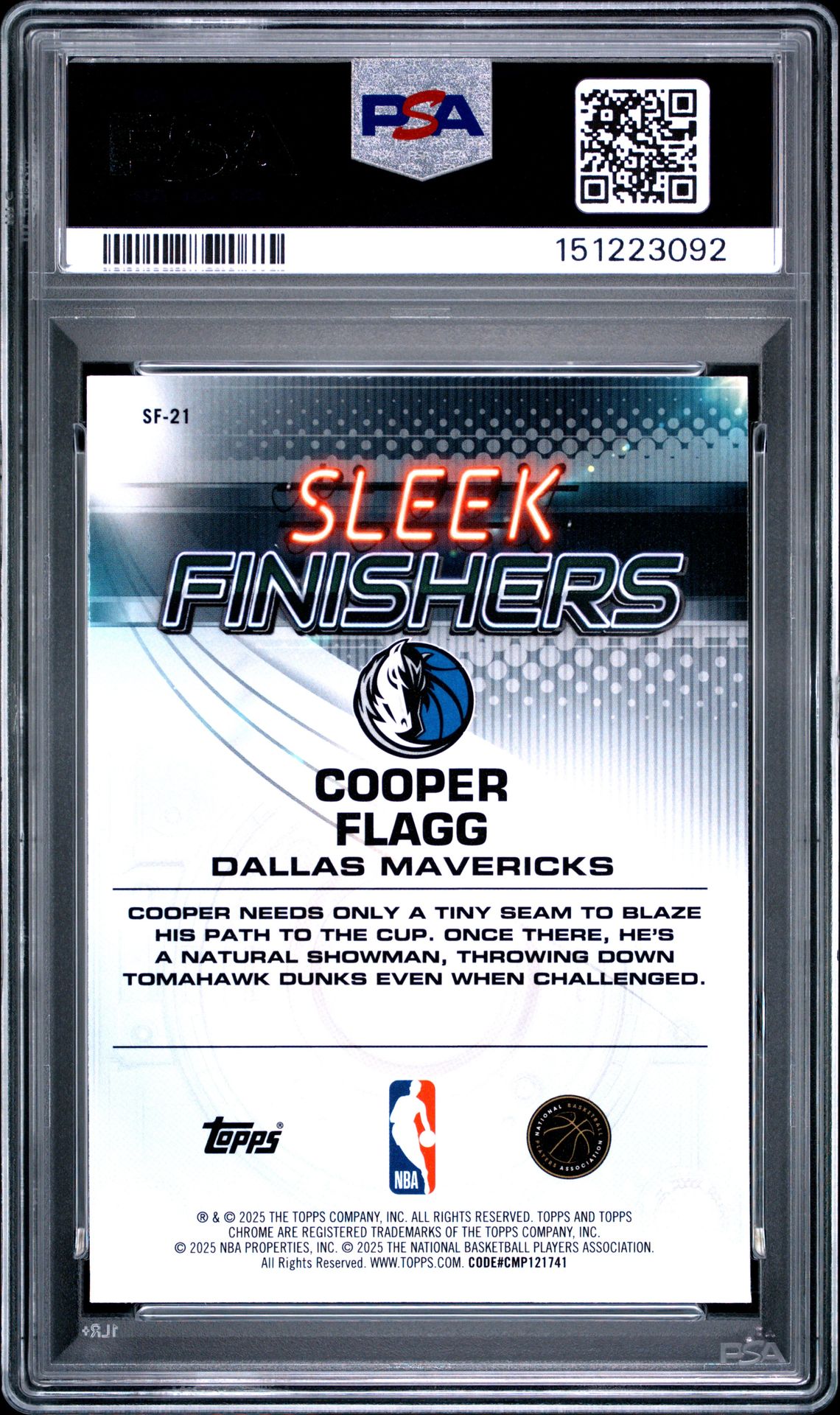 2025 Topps Chrome Sleek Finishers Cooper Flagg #Sf-21 Gem Mt 10 back