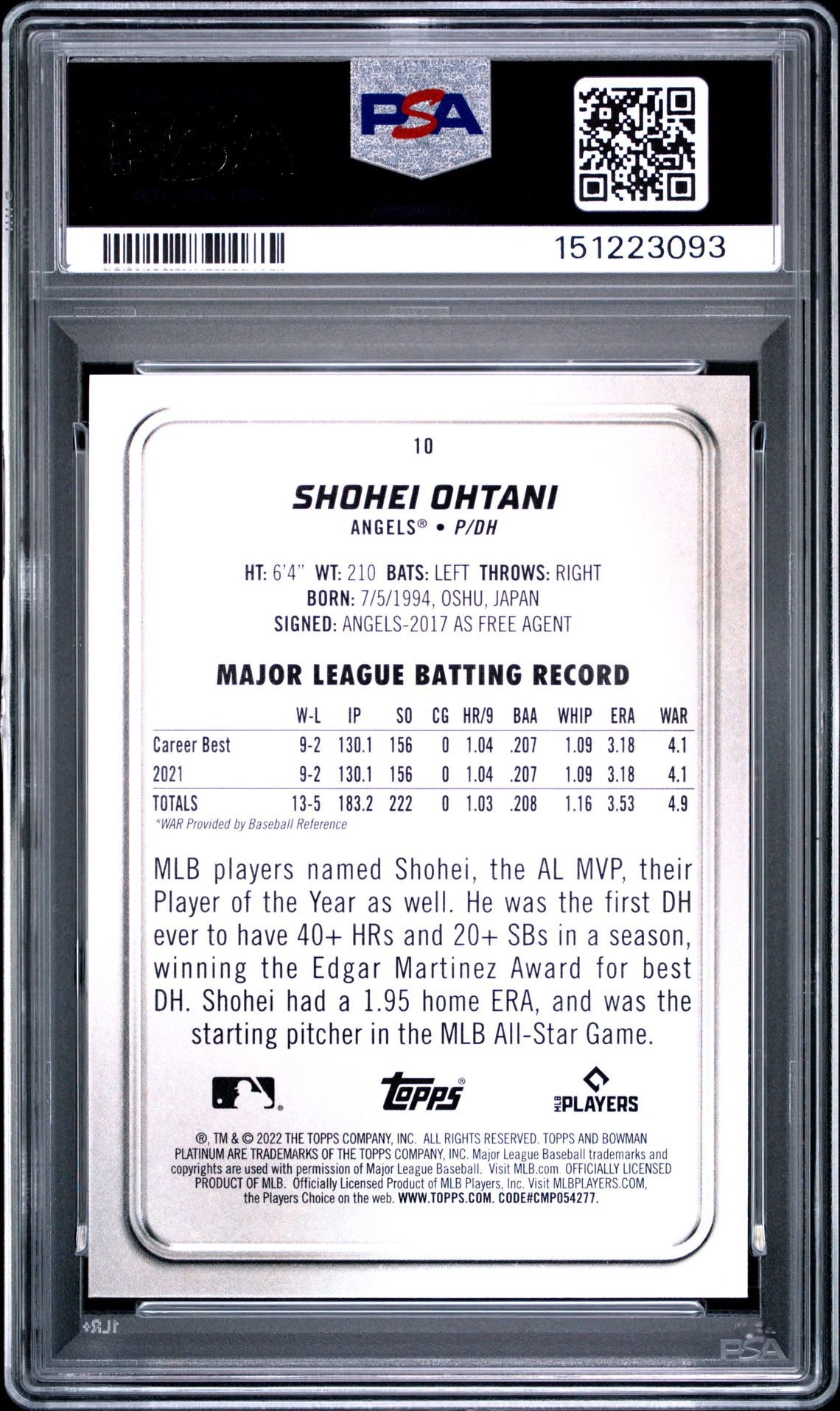 2022 Bowman Platinum Shohei Ohtani #10 Mint 9 back