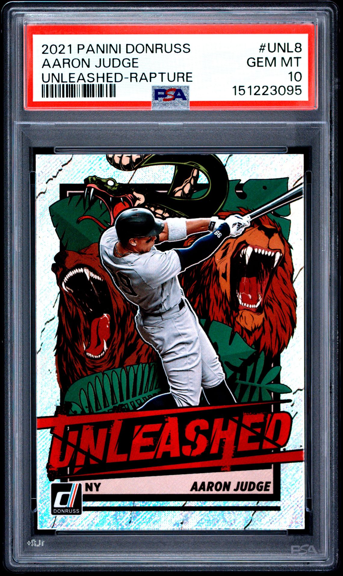 2021 Panini Donruss Unleashed Aaron Judge #Unl8 (Unleashed-Rapture) Gem Mt 10 front view - PSA graded GEM MT 10