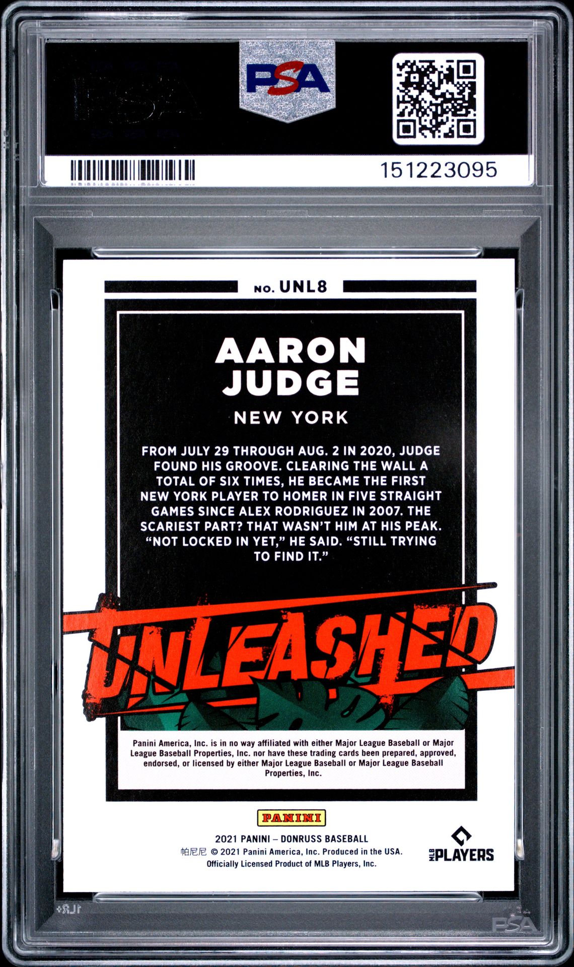 2021 Panini Donruss Unleashed Aaron Judge #Unl8 (Unleashed-Rapture) Gem Mt 10 back view - PSA certificate #151223095