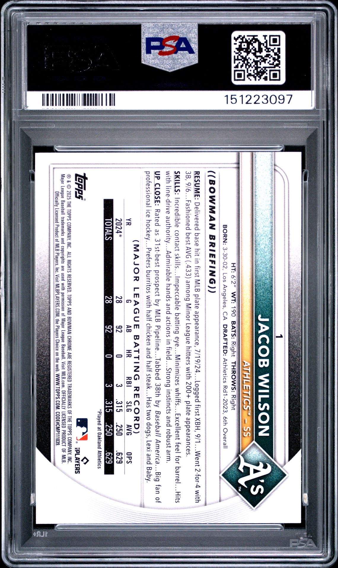 2025 Bowman Chrome Mega Box Jacob Wilson #1 Mint 9 back