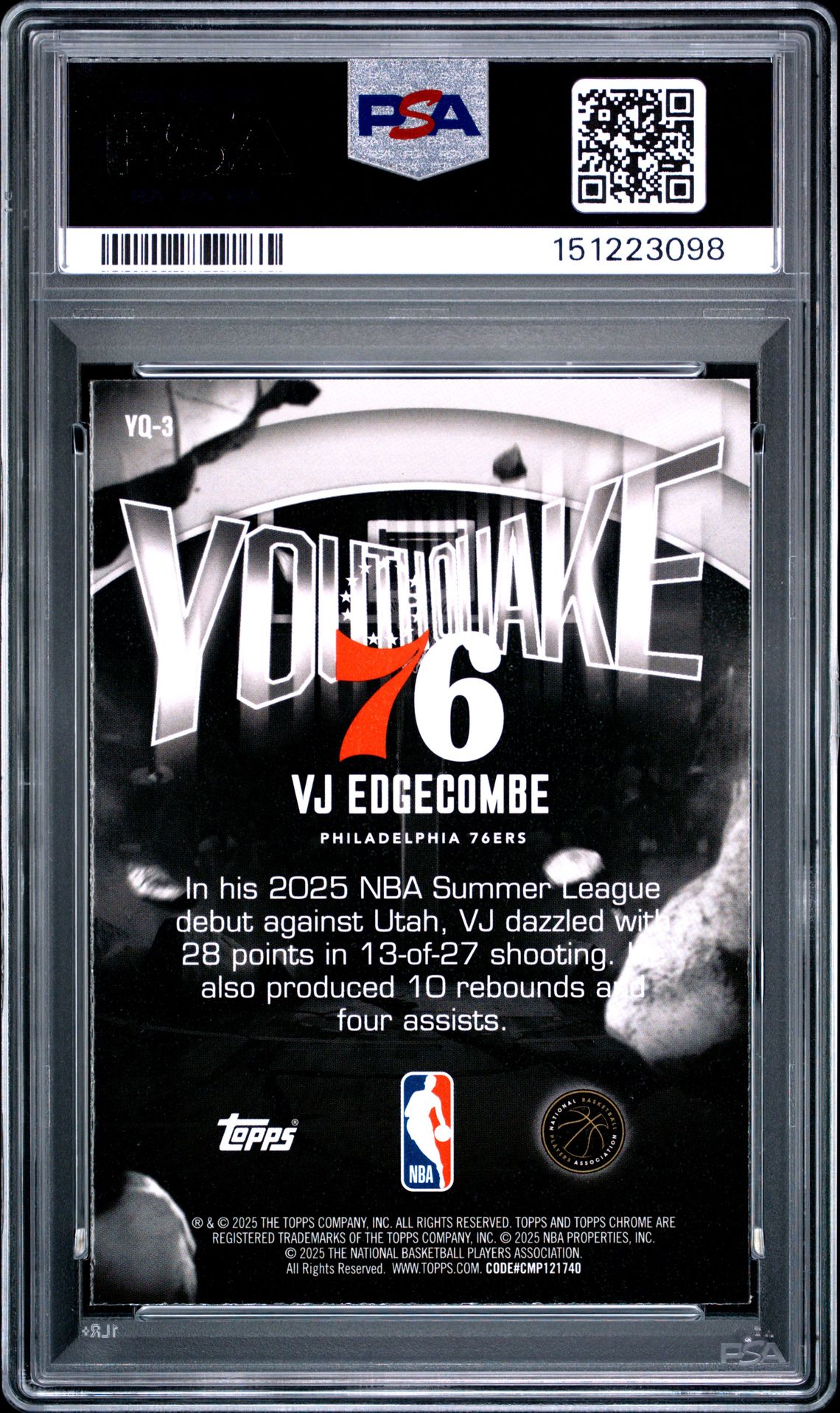 2025 Topps Chrome Youthquake Vj Edgecombe #Yq-3 Gem Mt 10 back