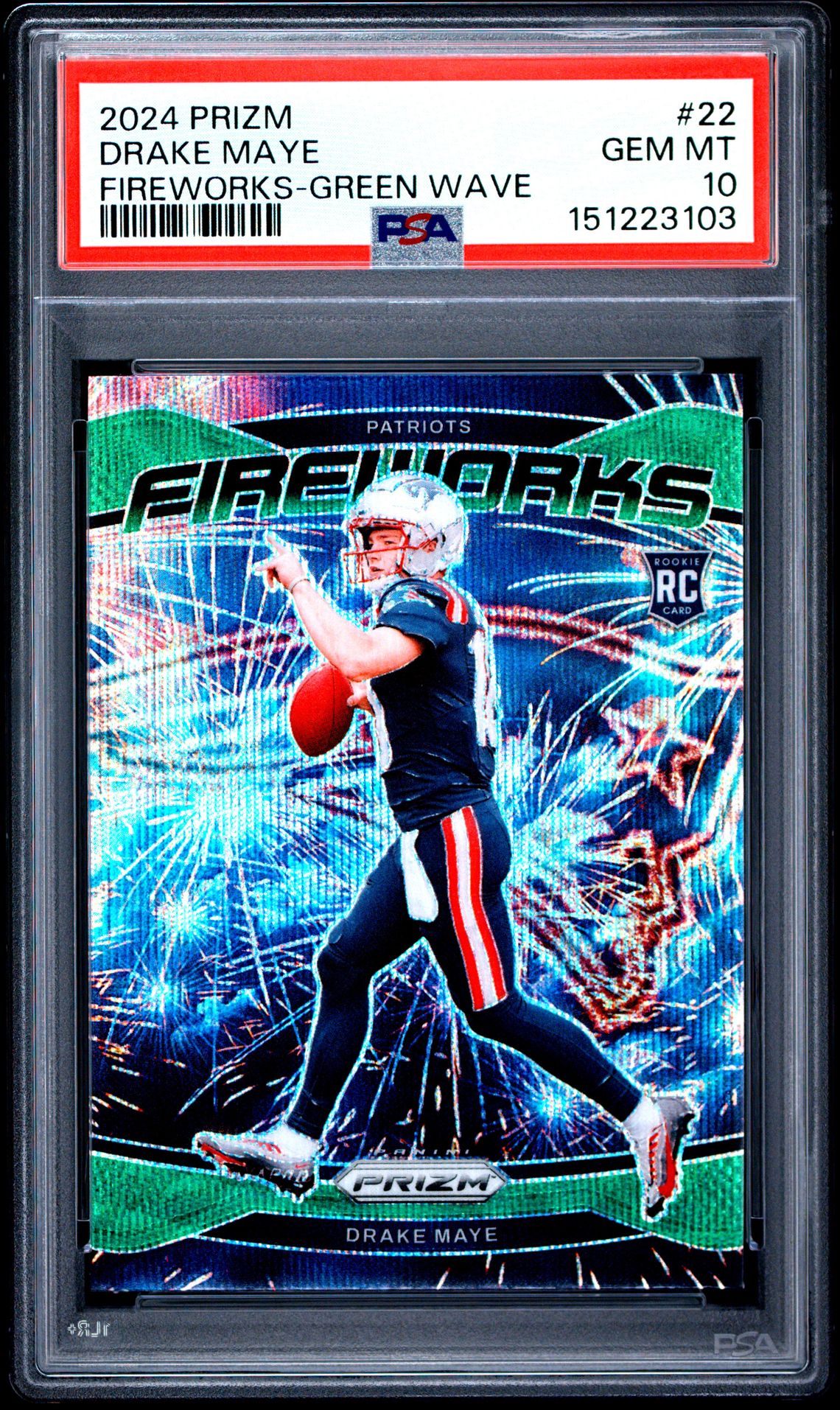 2024 Panini Prizm Fireworks Drake Maye #22 (Fireworks-Green Wave) Gem Mt 10 front view - PSA graded GEM MT 10