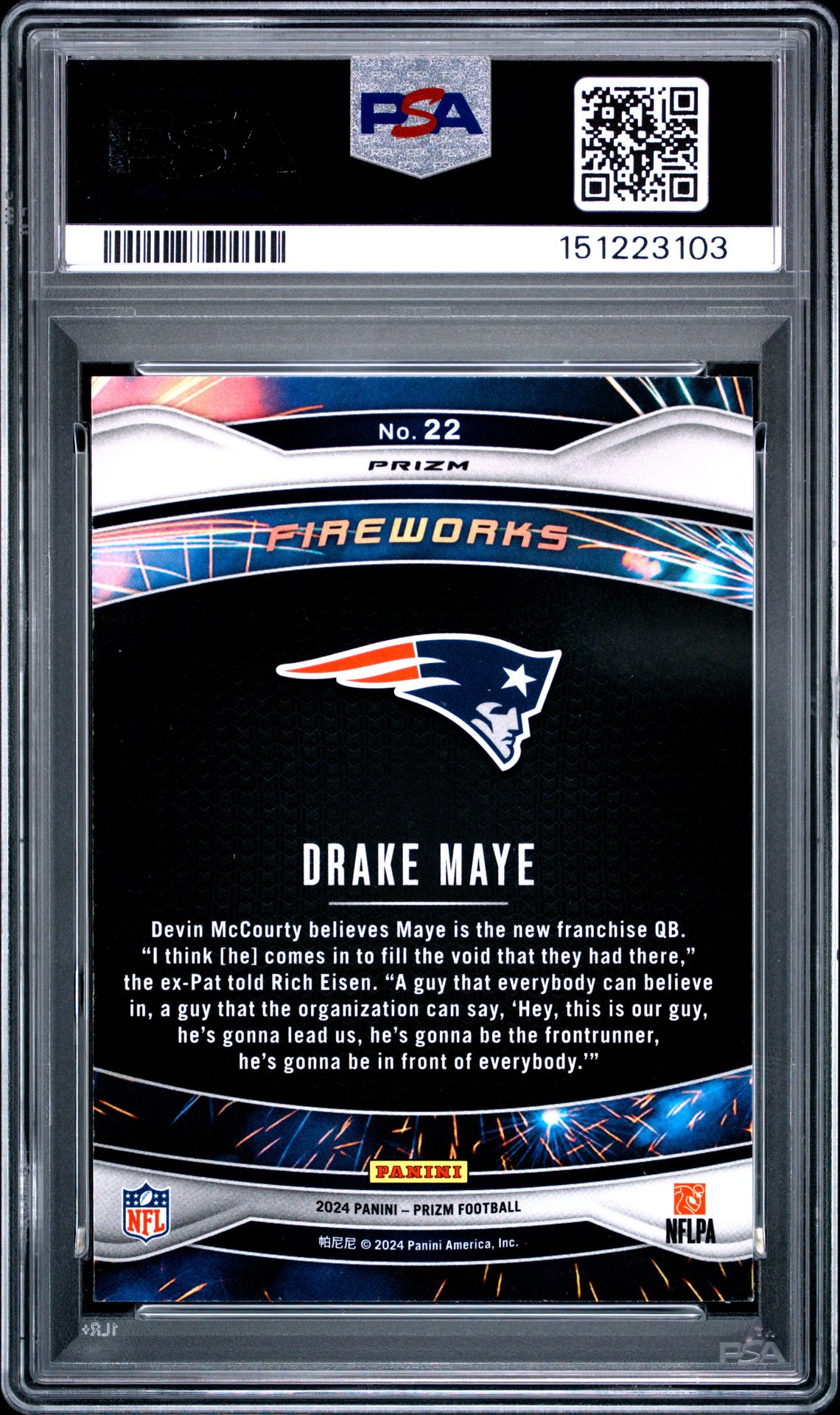 2024 Panini Prizm Fireworks Drake Maye #22 (Fireworks-Green Wave) Gem Mt 10 back view - PSA certificate #151223103