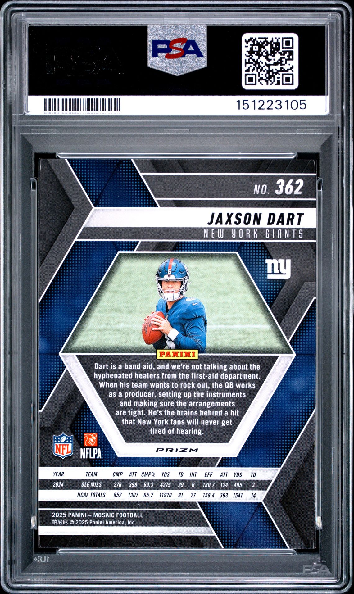2025 Panini Mosaic Jaxson Dart #362 (Reactive Blue) Gem Mt 10 back view - PSA certificate #151223105