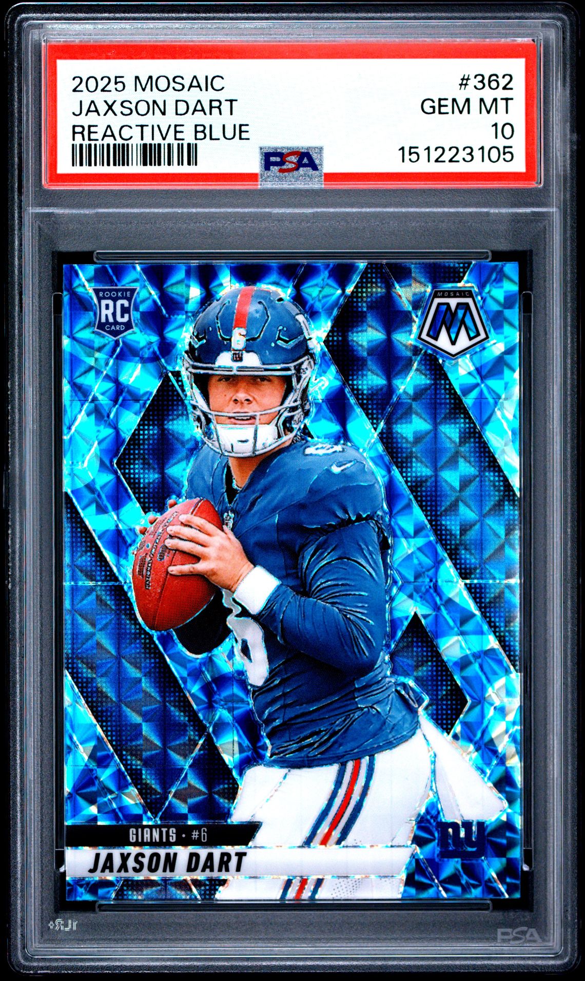 2025 Panini Mosaic Jaxson Dart #362 (Reactive Blue) Gem Mt 10 front view - PSA graded GEM MT 10