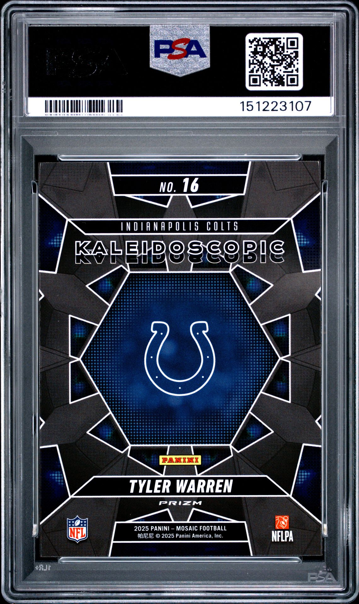 2025 Panini Mosaic Kaleidoscopic Tyler Warren #16 Gem Mt 10 back view - PSA certificate #151223107