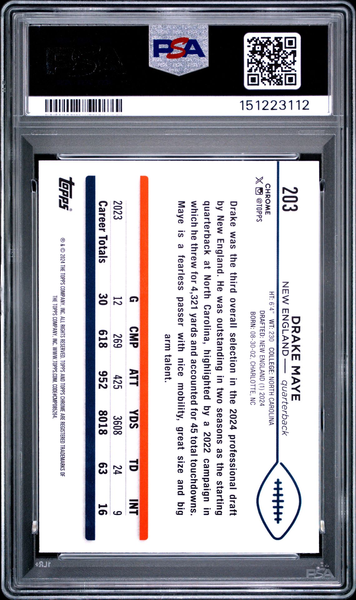 2024 Topps Chrome Drake Maye #203 Mint 9 back