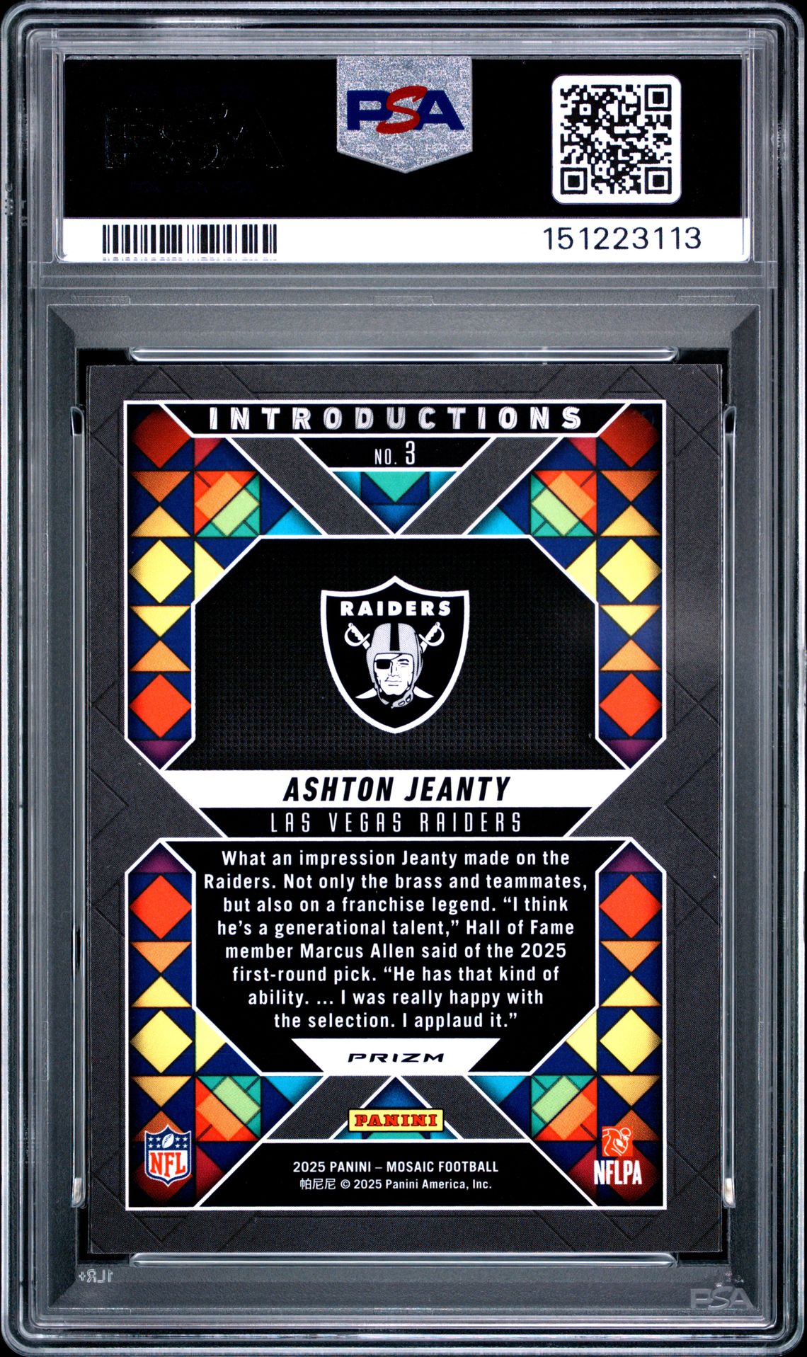 2025 Panini Mosaic Introductions Ashton Jeanty #3 (Introductions-Silver) Mint 9 back