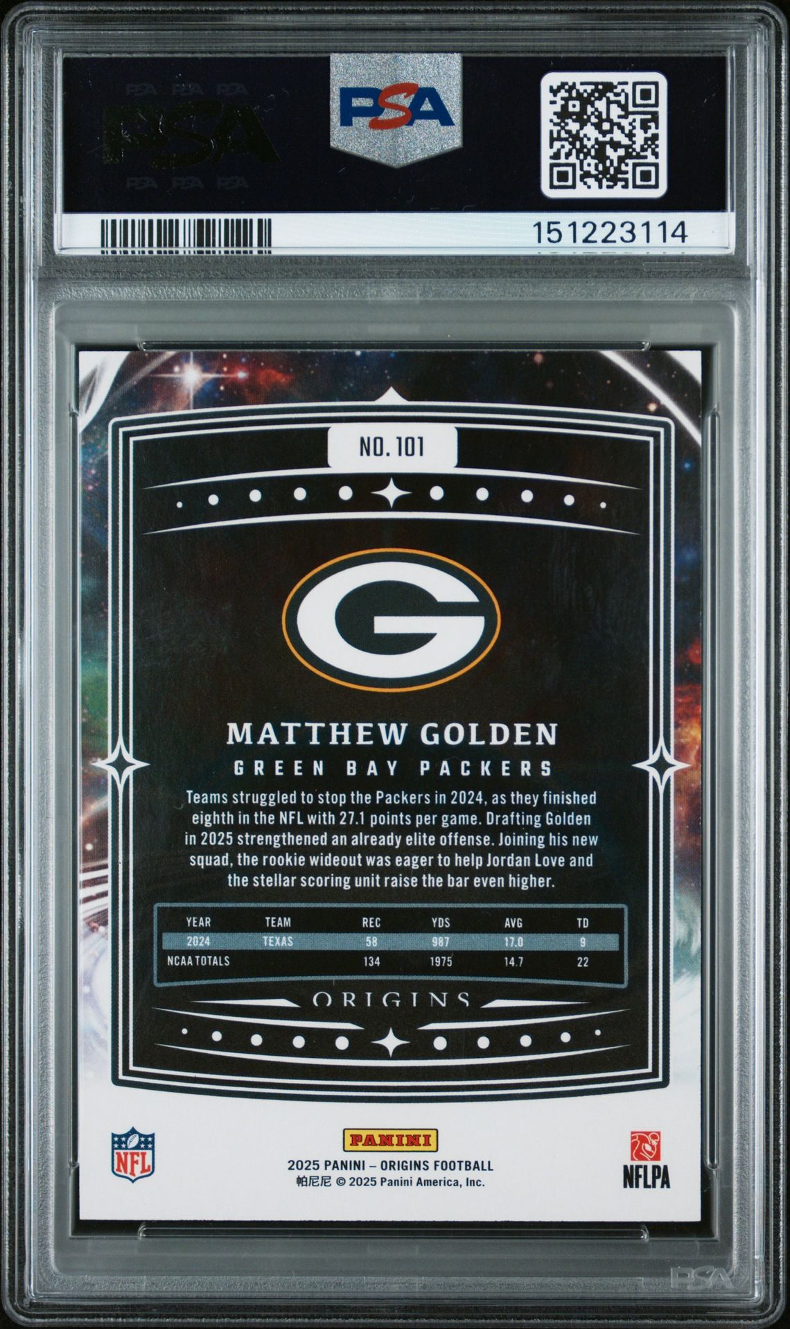 2025 Panini Origins Matthew Golden #101 Nm-Mt 8 back
