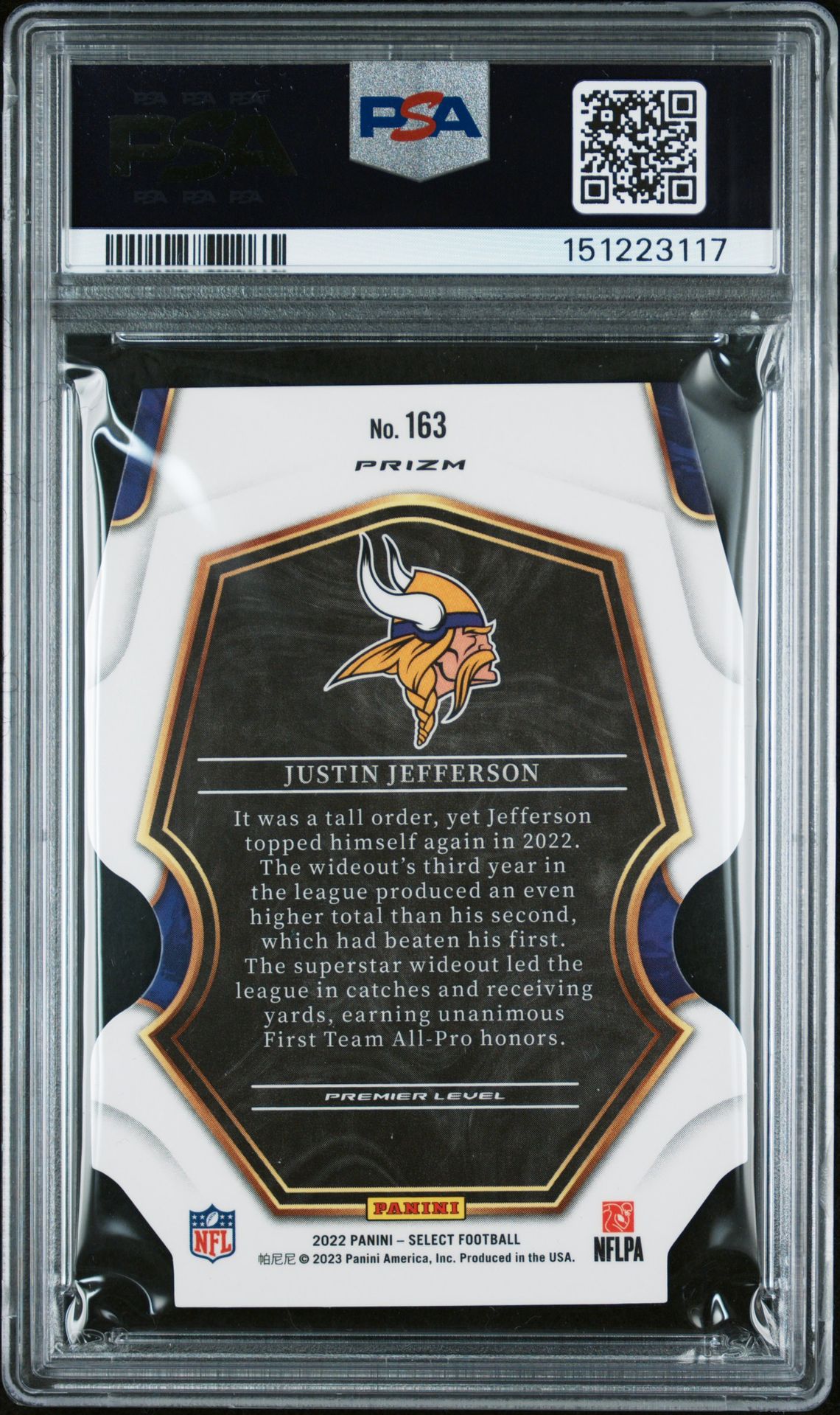 2022 Panini Select Justin Jefferson #163 (Die-Cut Black/Green Prizm) Gem Mt 10 back