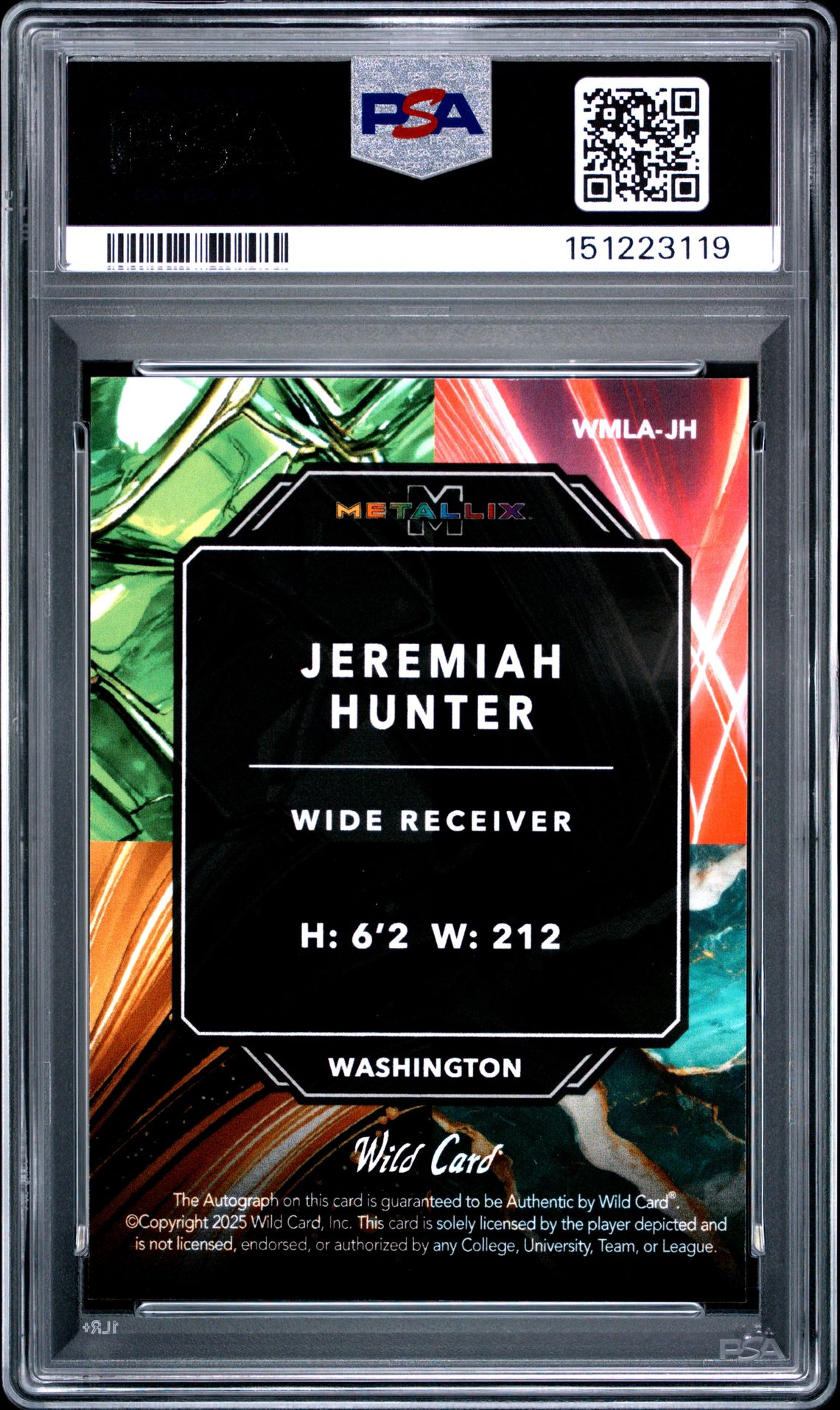 2025 Wild Card Metallix Pro-Look Hobby Light Autographs Jeremiah Hunter #Wmlajh (Light Au-Sprk-Green) Gem Mt 10 back