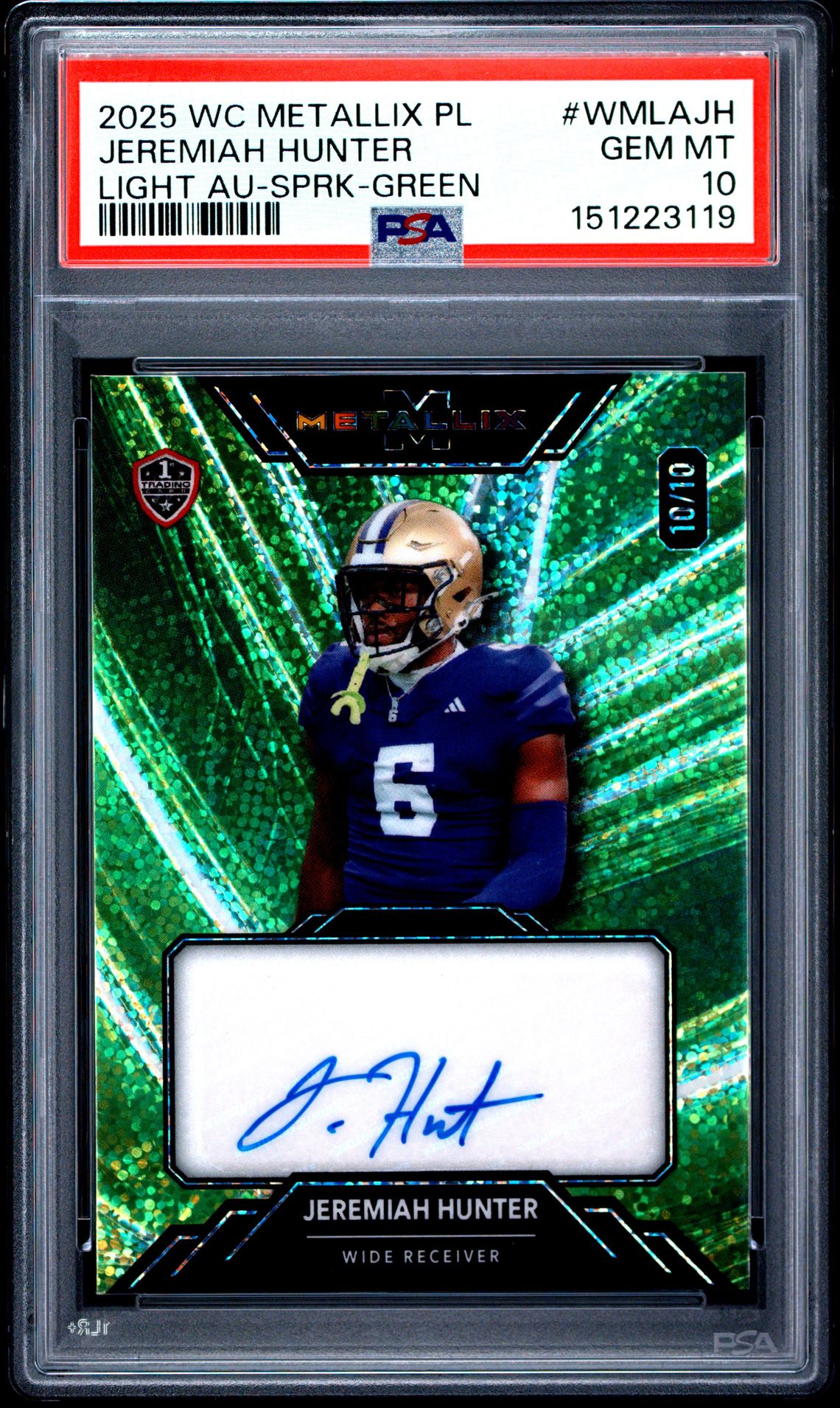 2025 Wild Card Metallix Pro-Look Hobby Light Autographs Jeremiah Hunter #Wmlajh (Light Au-Sprk-Green) Gem Mt 10 front