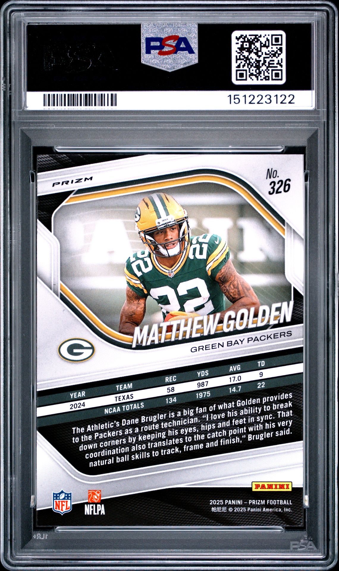 2025 Panini Prizm Matthew Golden #326 (Lazer Prizm) Mint 9 back