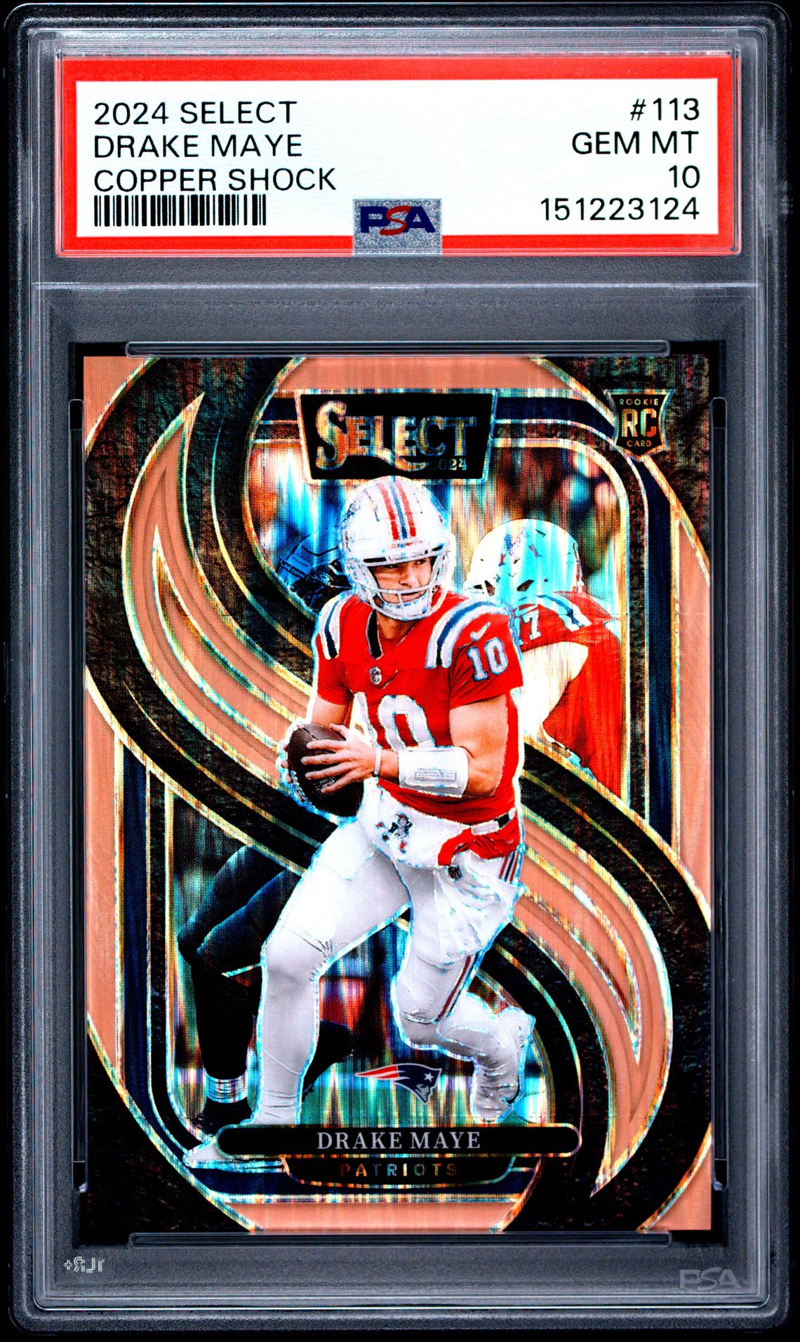 2024 Panini Select Drake Maye #113 (Copper Shock) Gem Mt 10 front view - PSA graded GEM MT 10