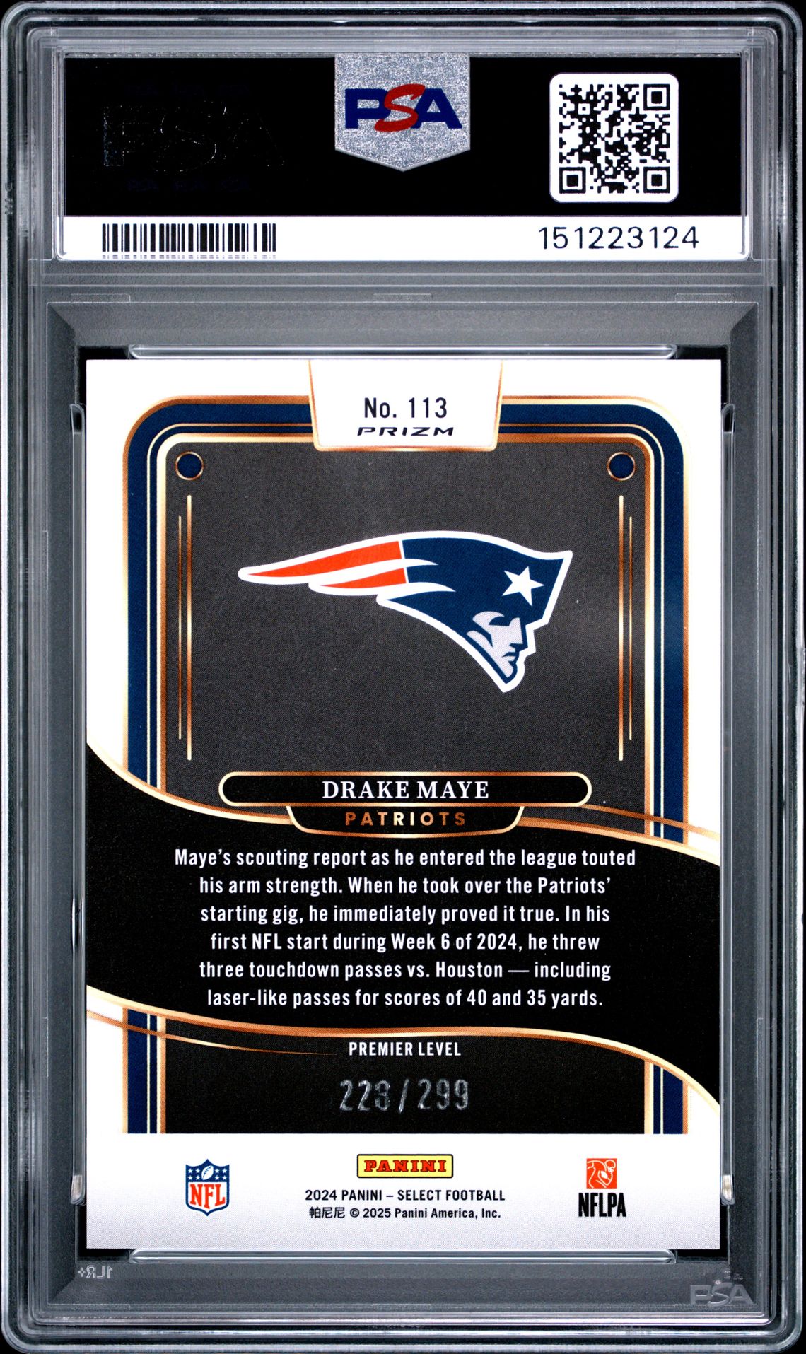 2024 Panini Select Drake Maye #113 (Copper Shock) Gem Mt 10 back view - PSA certificate #151223124