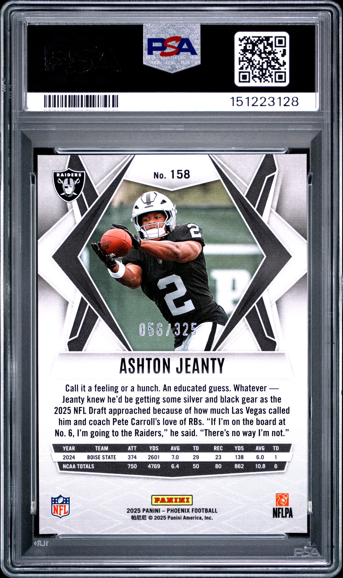 2025 Panini Phoenix Ashton Jeanty #158 (Light Blue Lava) Mint 9 back