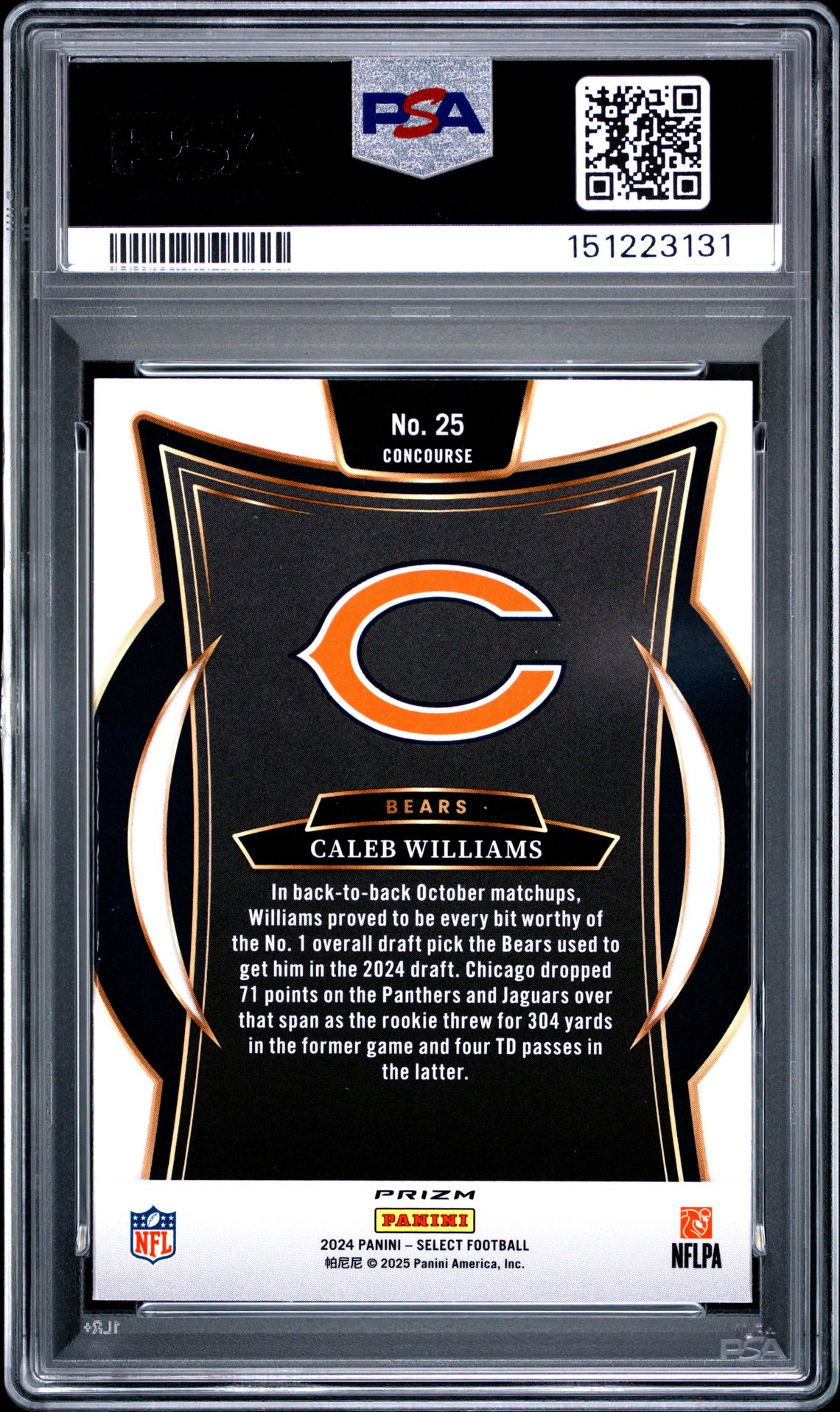 2024 Panini Select Caleb Williams #25 (Black & Green Shock) Gem Mt 10 back