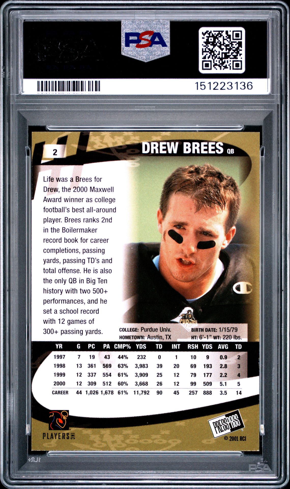 2001 Press Pass Drew Brees #2 Mint 9 back