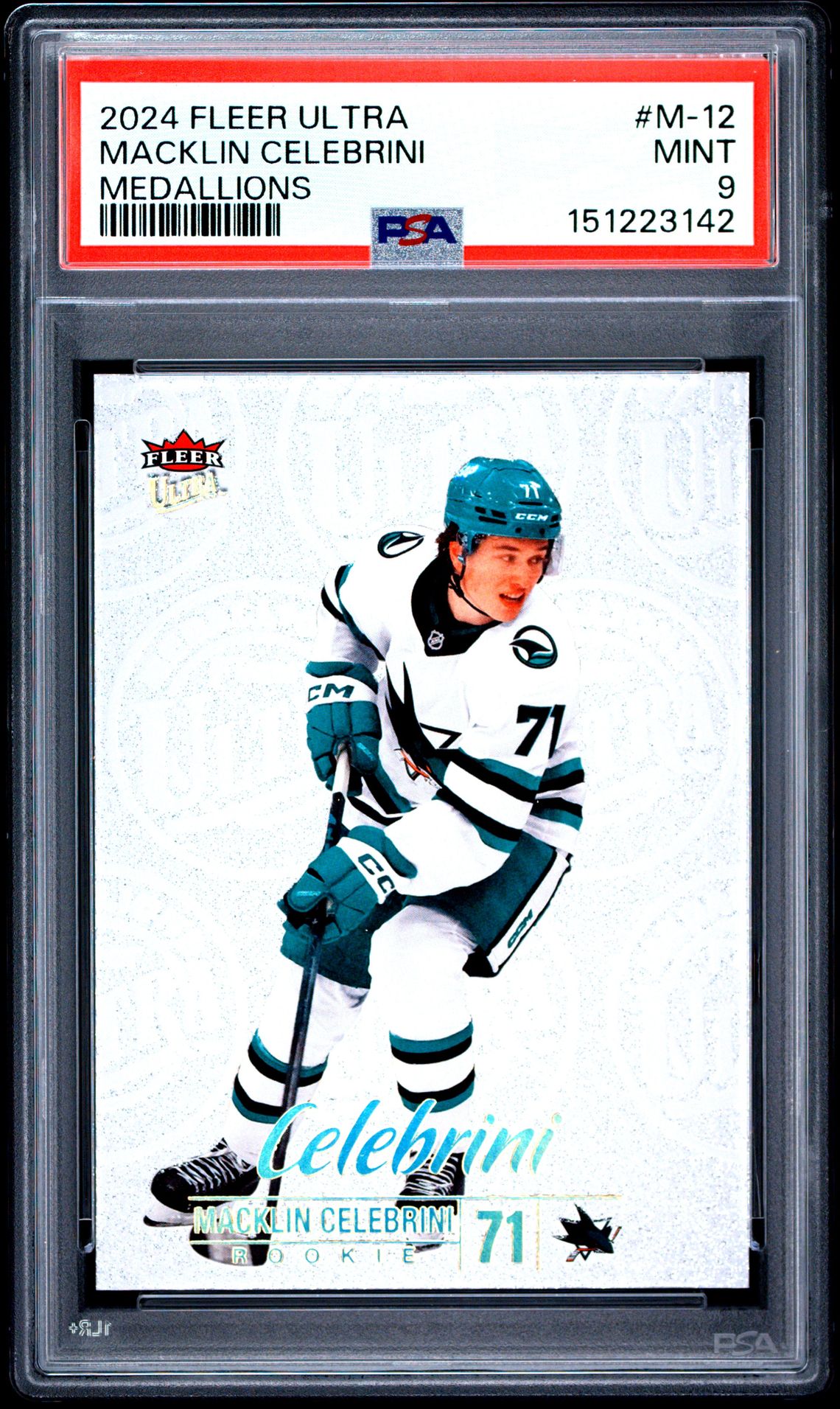 2024 Upper Deck Fleer Ultra Medallions Macklin Celebrini #M-12 Mint 9 front