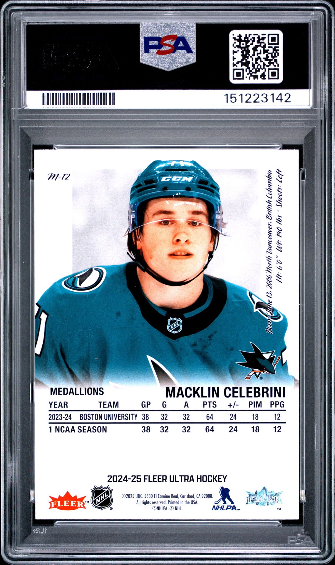 2024 Upper Deck Fleer Ultra Medallions Macklin Celebrini #M-12 Mint 9 back
