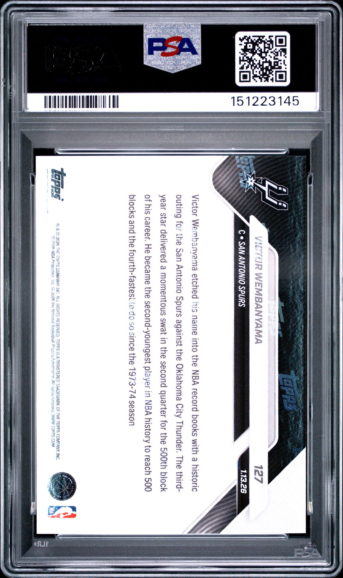 2025 Topps Now Victor Wembanyama #127 Gem Mt 10 back