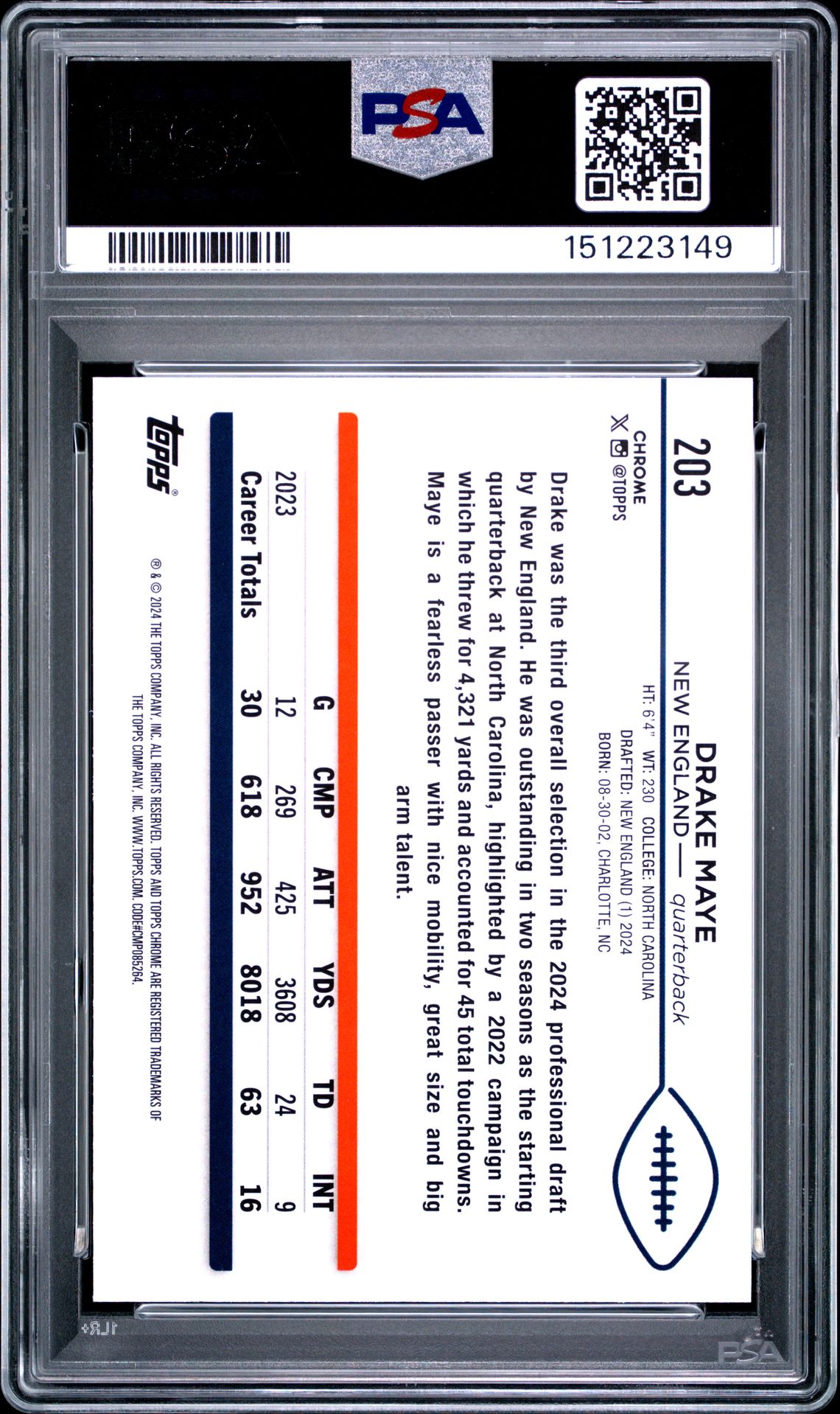 2024 Topps Chrome Sapphire Drake Maye #203 Gem Mt 10 back view - PSA certificate #151223149