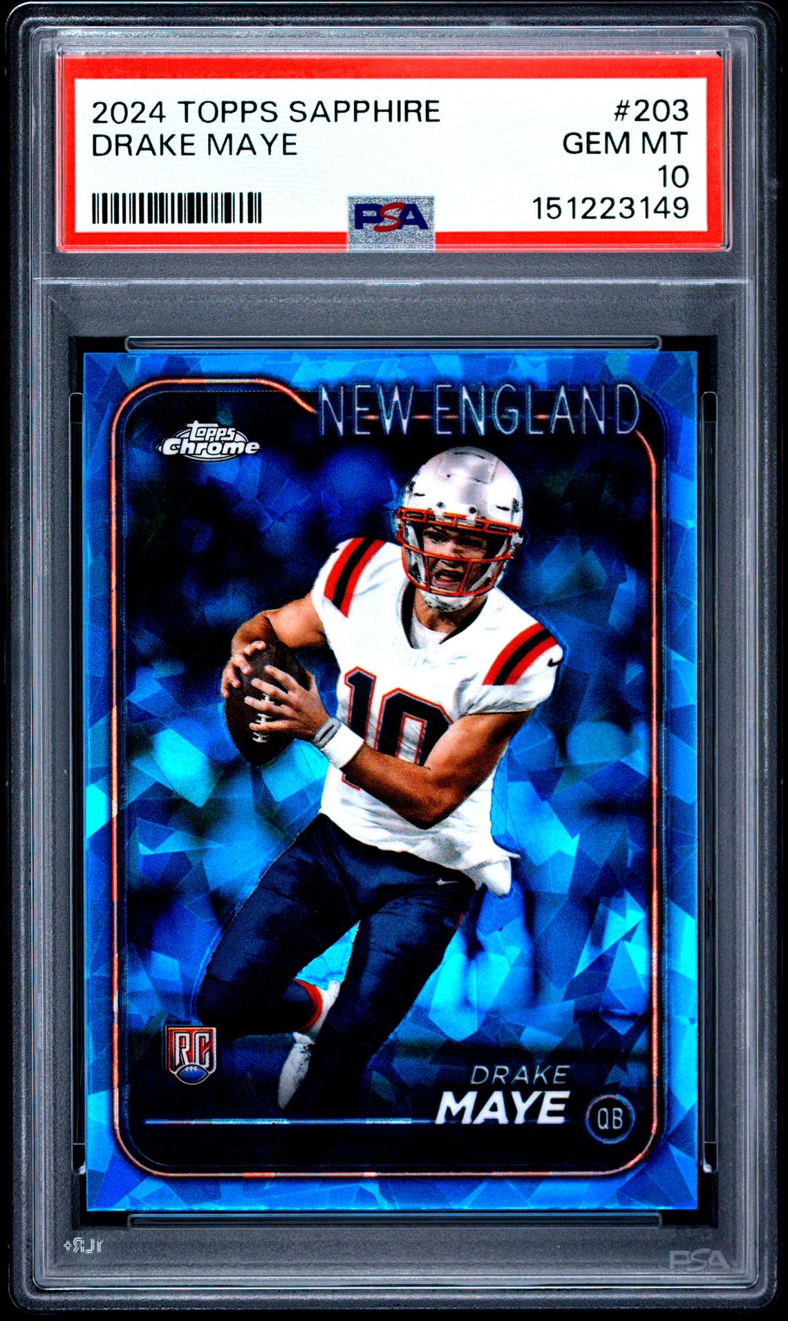 2024 Topps Chrome Sapphire Drake Maye #203 Gem Mt 10 front view - PSA graded GEM MT 10