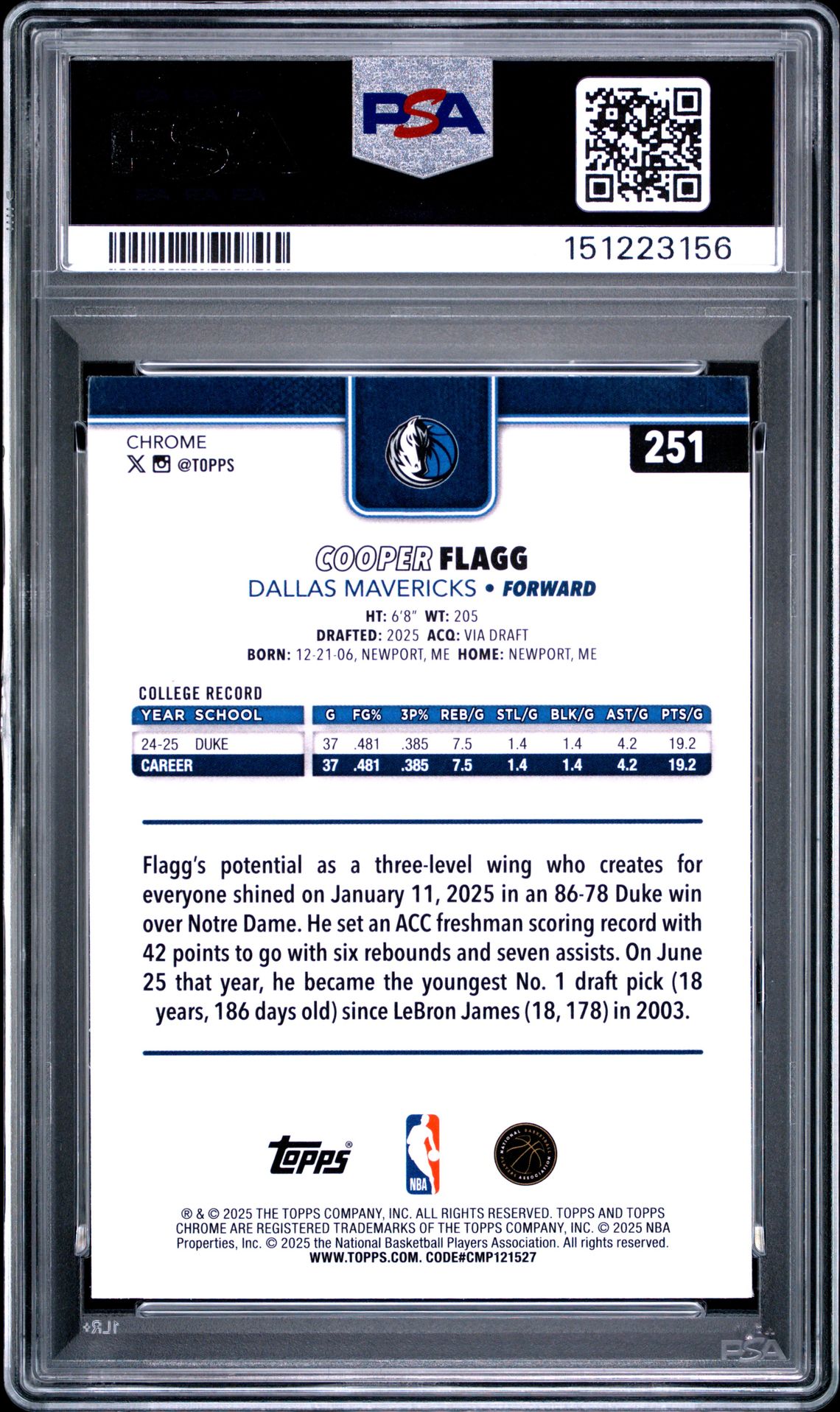 2025 Topps Chrome Cooper Flagg #251 (X-Fractor) Gem Mt 10 back view - PSA certificate #151223156